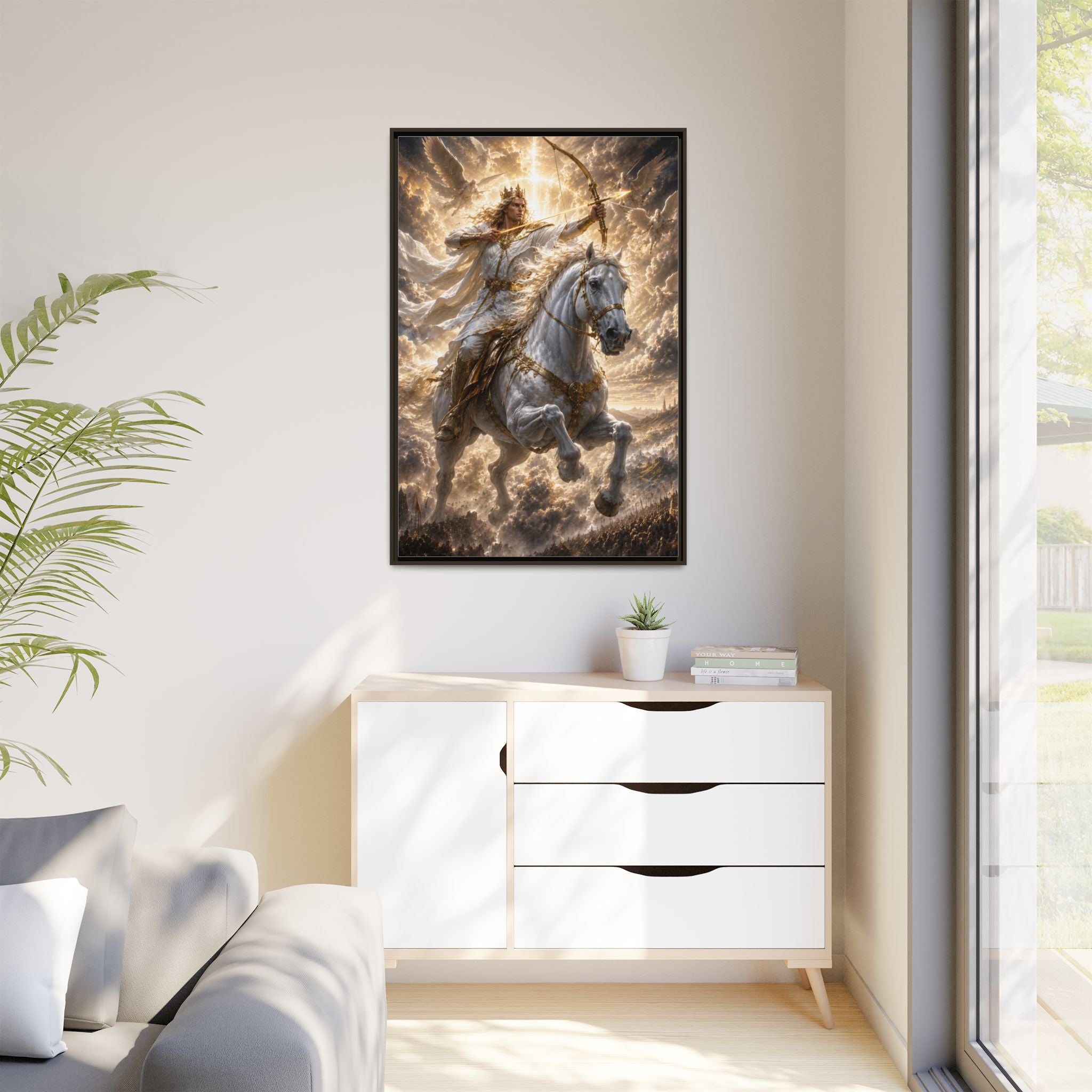 Mythic Warrior on White Steed — Framed Matte Canvas Wall Art