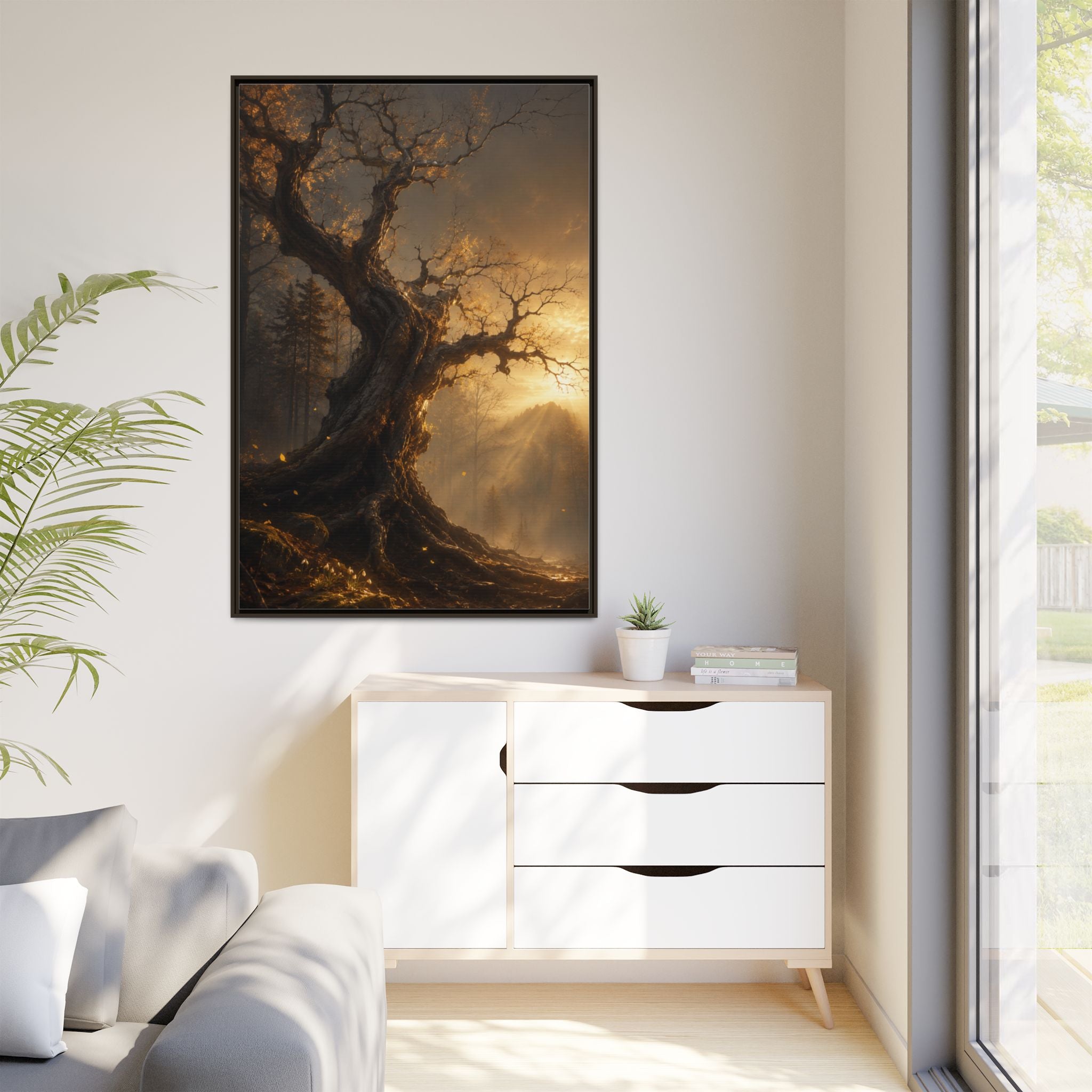Framed Matte Canvas Art — Mystical Golden Forest Tree Print
