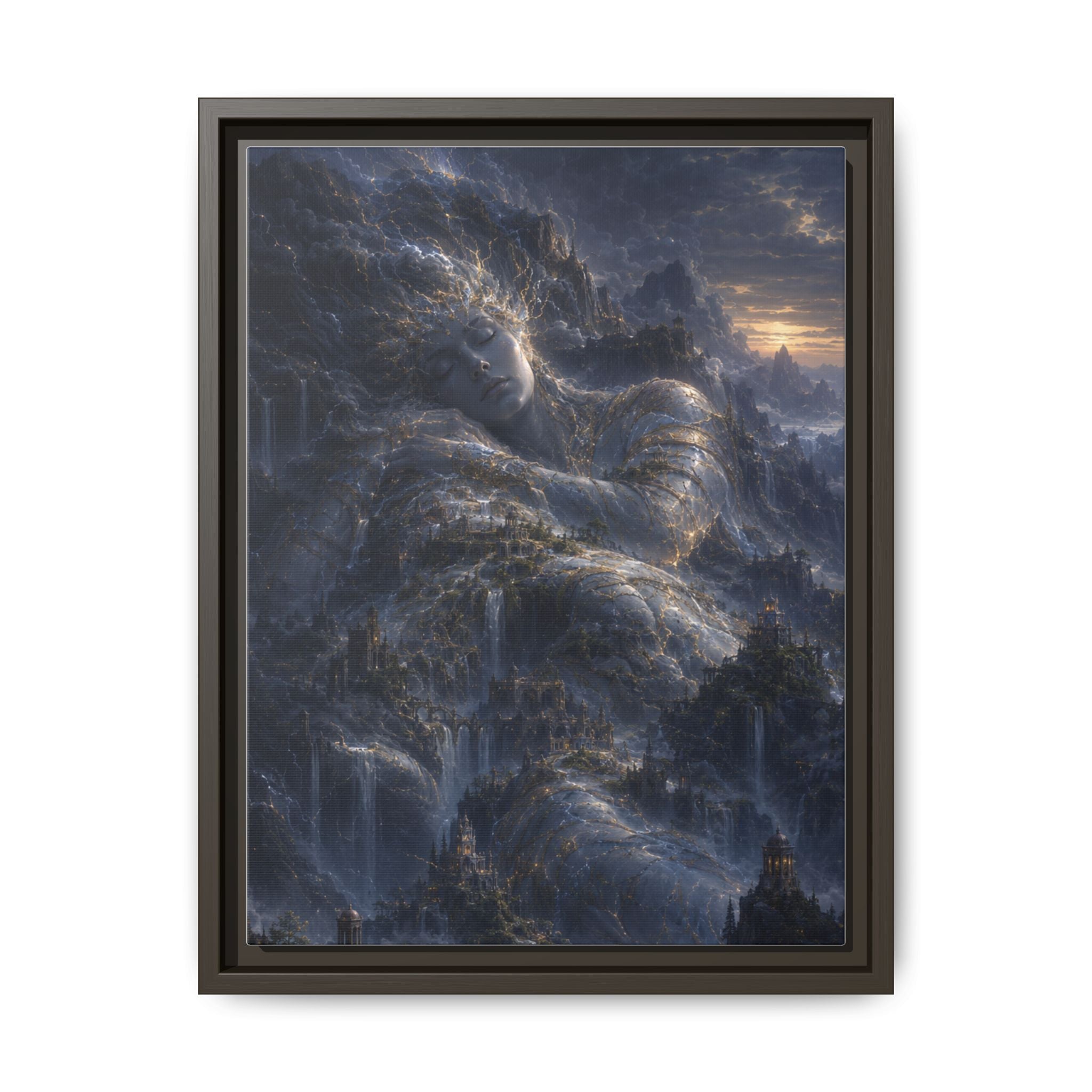 Framed Matte Canvas Wall Art — Misty Stormy Mountain Landscape