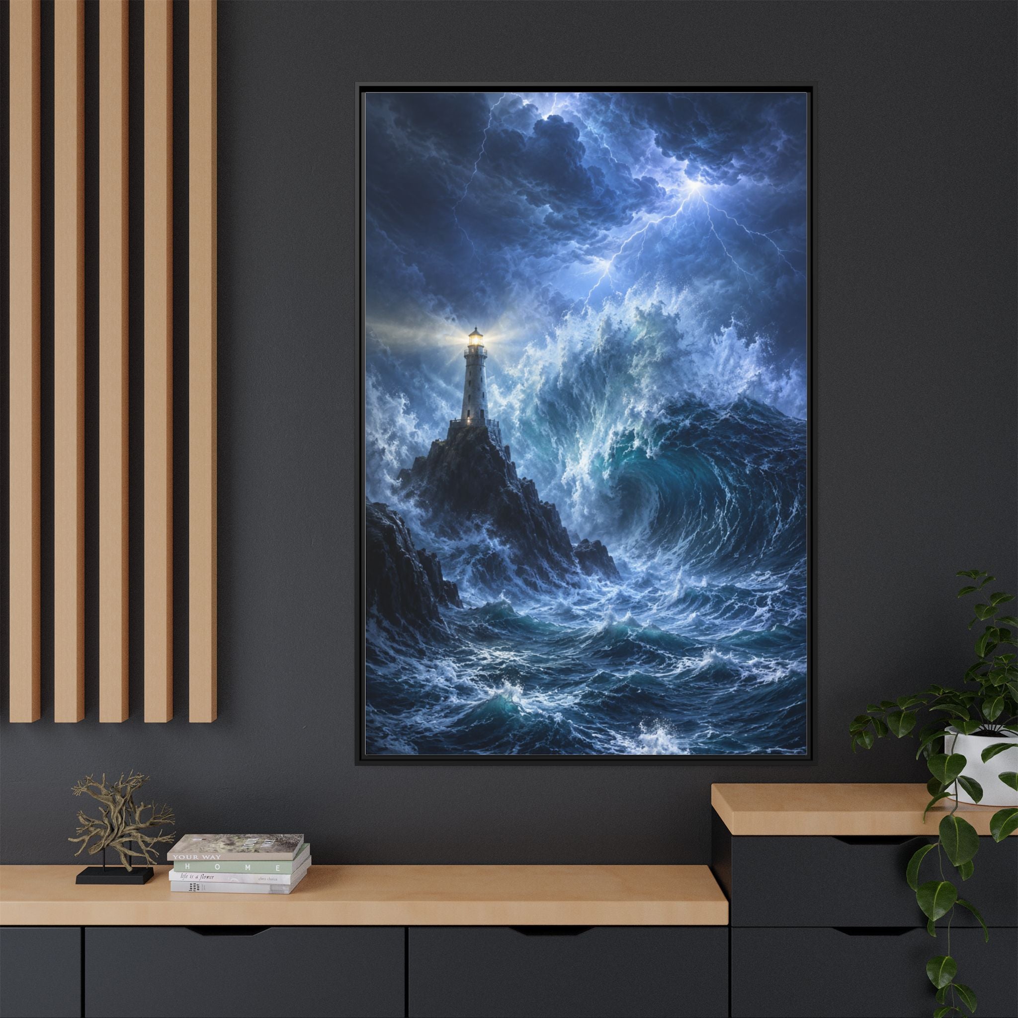 Framed Matte Canvas – Stormy Lighthouse Ocean Print