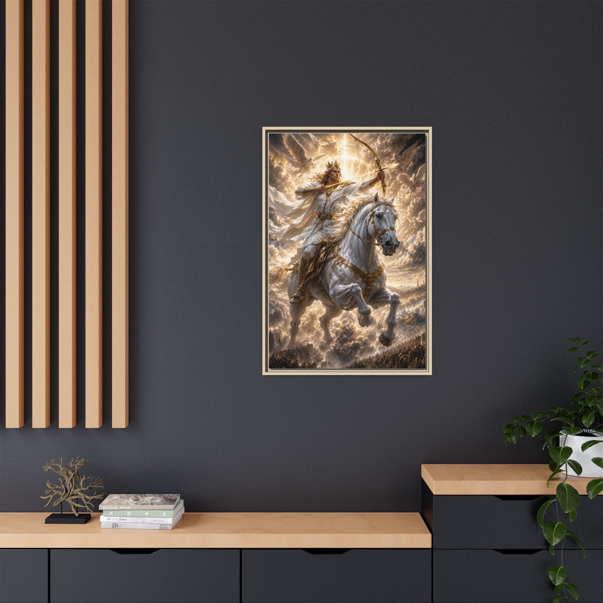 Mythic Warrior on White Steed — Framed Matte Canvas Wall Art