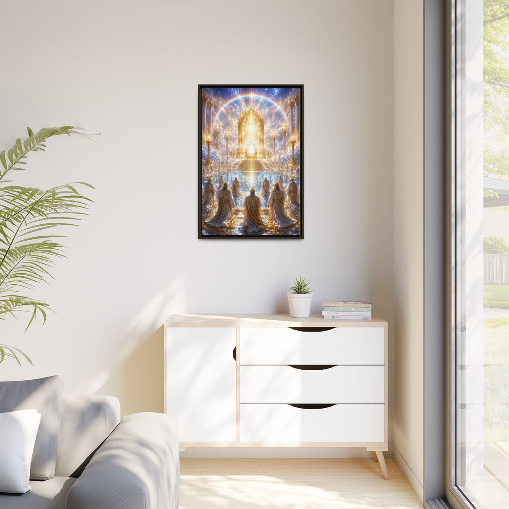Heavenly Throne Room Matte Framed Canvas — Golden Angelic Realm Wall Art