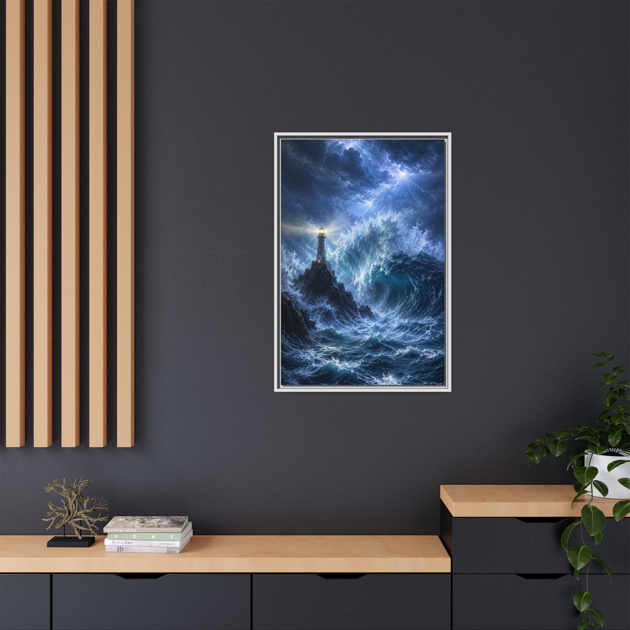 Framed Matte Canvas – Stormy Lighthouse Ocean Print