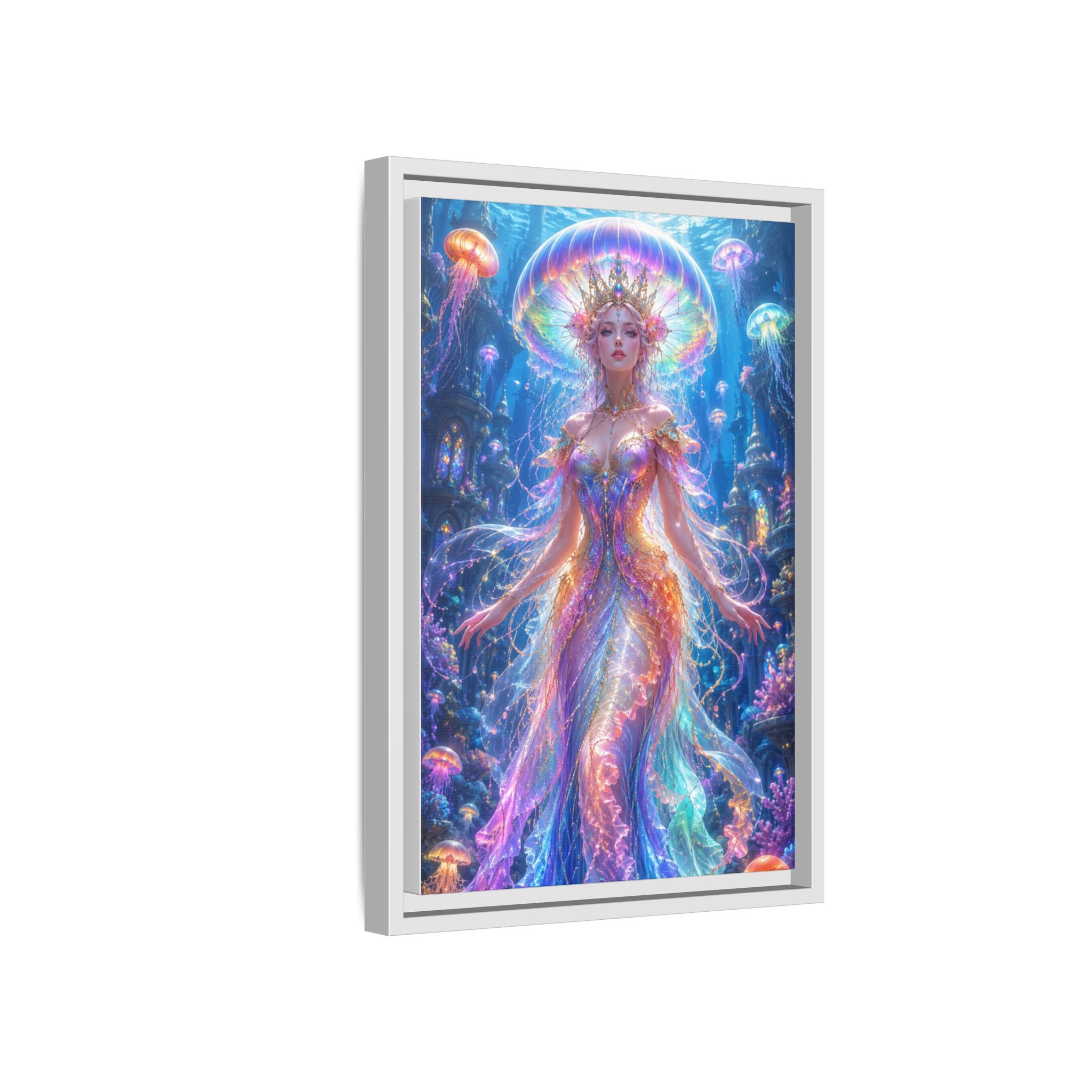 Jellyfish Queen Framed Canvas Art — Vibrant Mermaid Goddess Wall Print