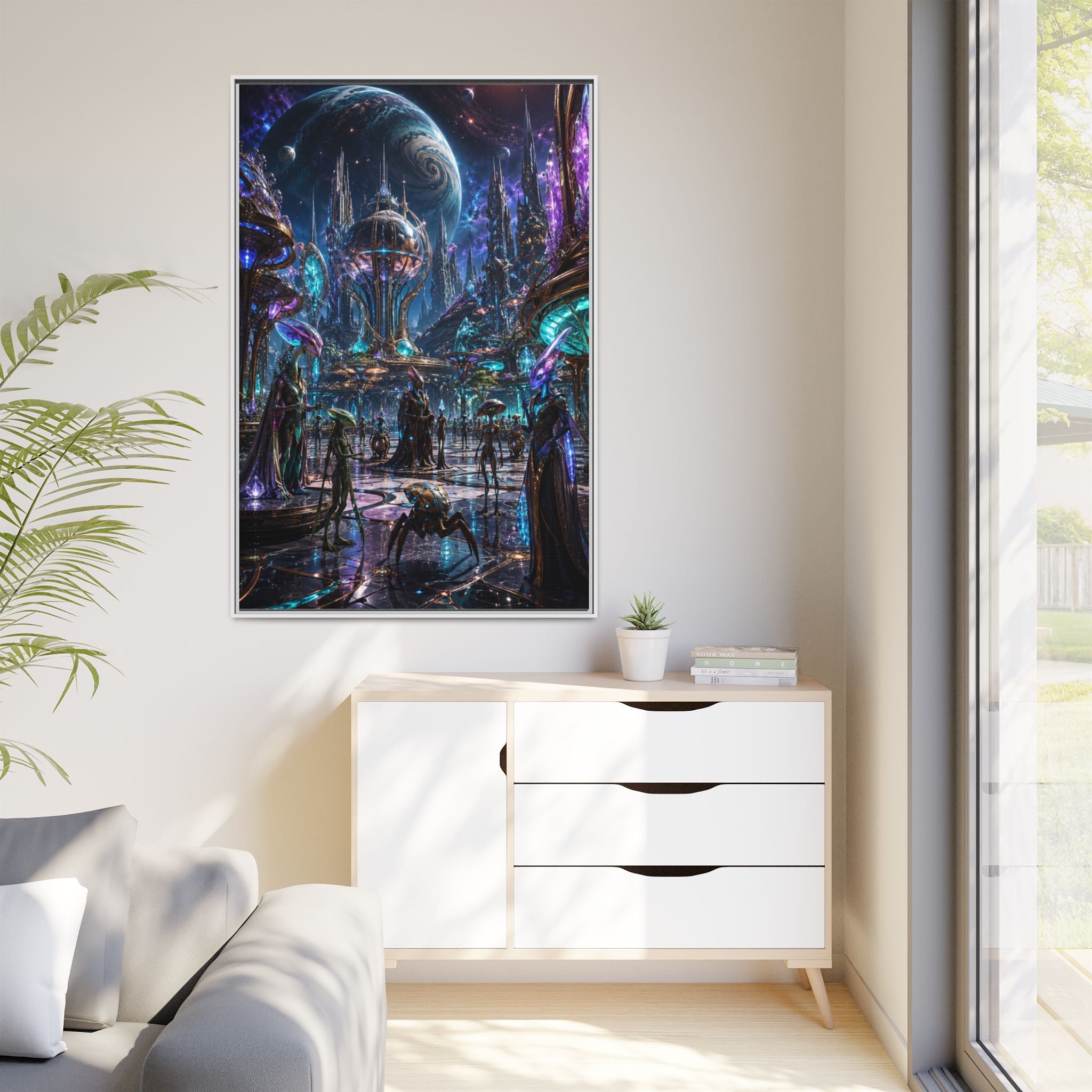 Framed Matte Canvas - Neon Sci‑Fi Cityscape Wall Art