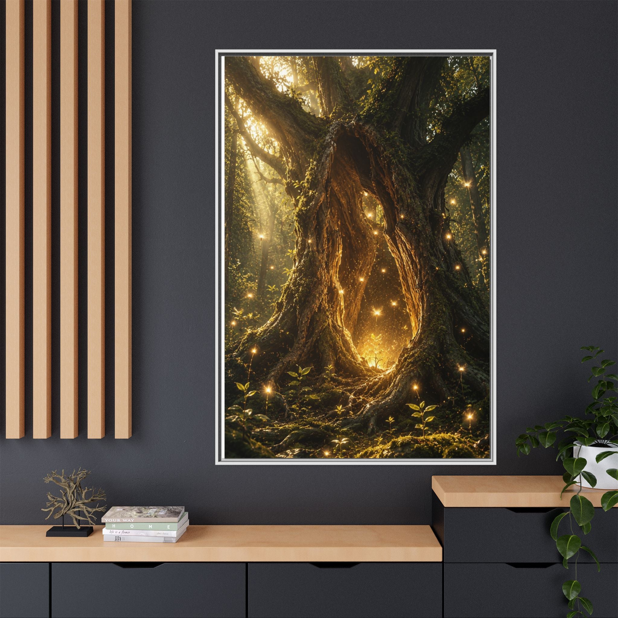 Framed Canvas Art - Enchanted Forest Tree with Glowing Fireflies