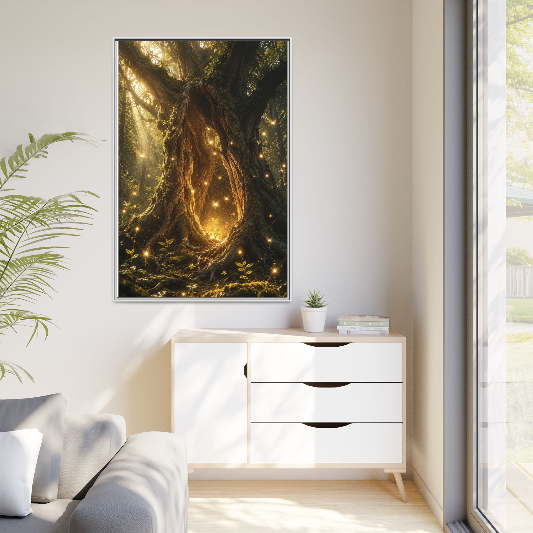 Framed Canvas Art - Enchanted Forest Tree with Glowing Fireflies