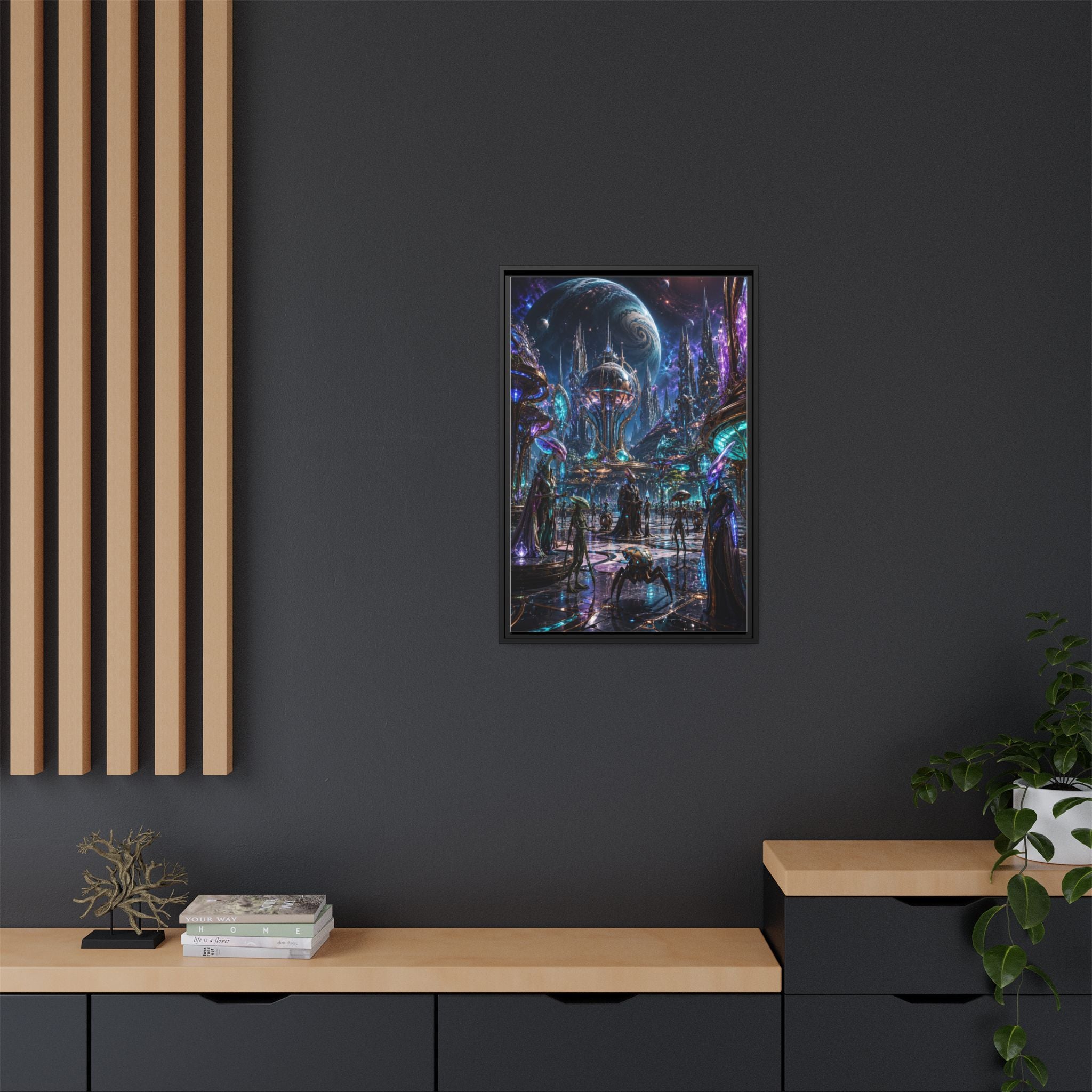 Framed Matte Canvas - Neon Sci‑Fi Cityscape Wall Art