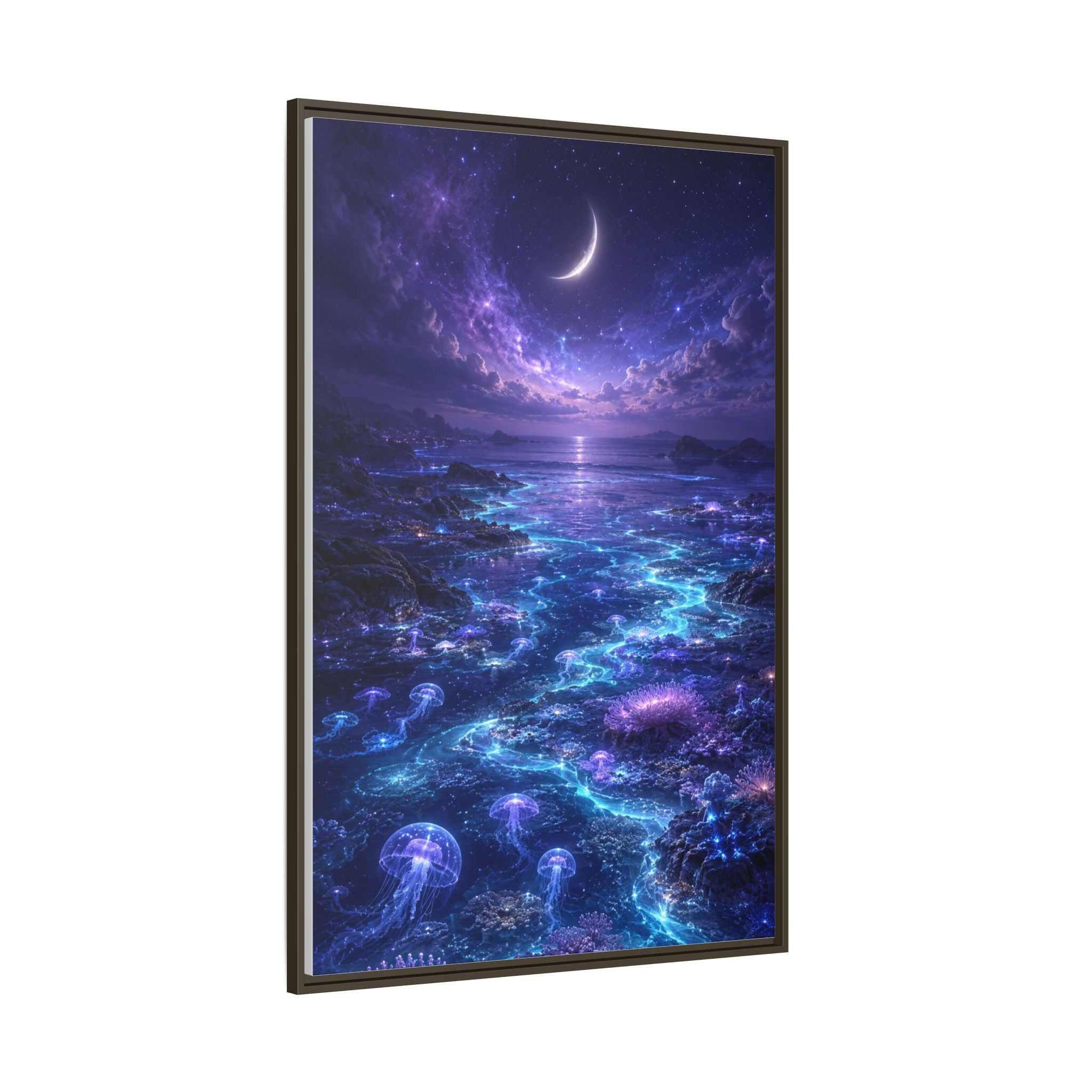 Framed Canvas Art — Bioluminescent Moonlit Ocean Scene
