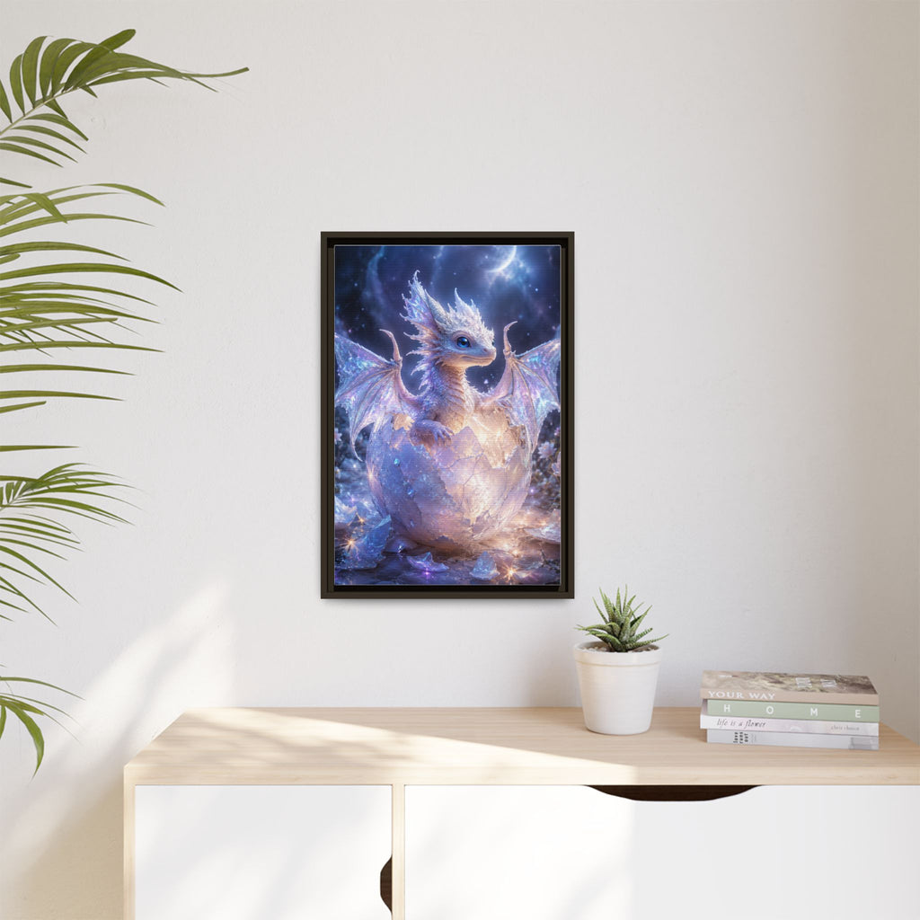 Framed Fantasy Dragon Canvas Print — Mystical Baby Dragon in Cracked Egg Wall Art