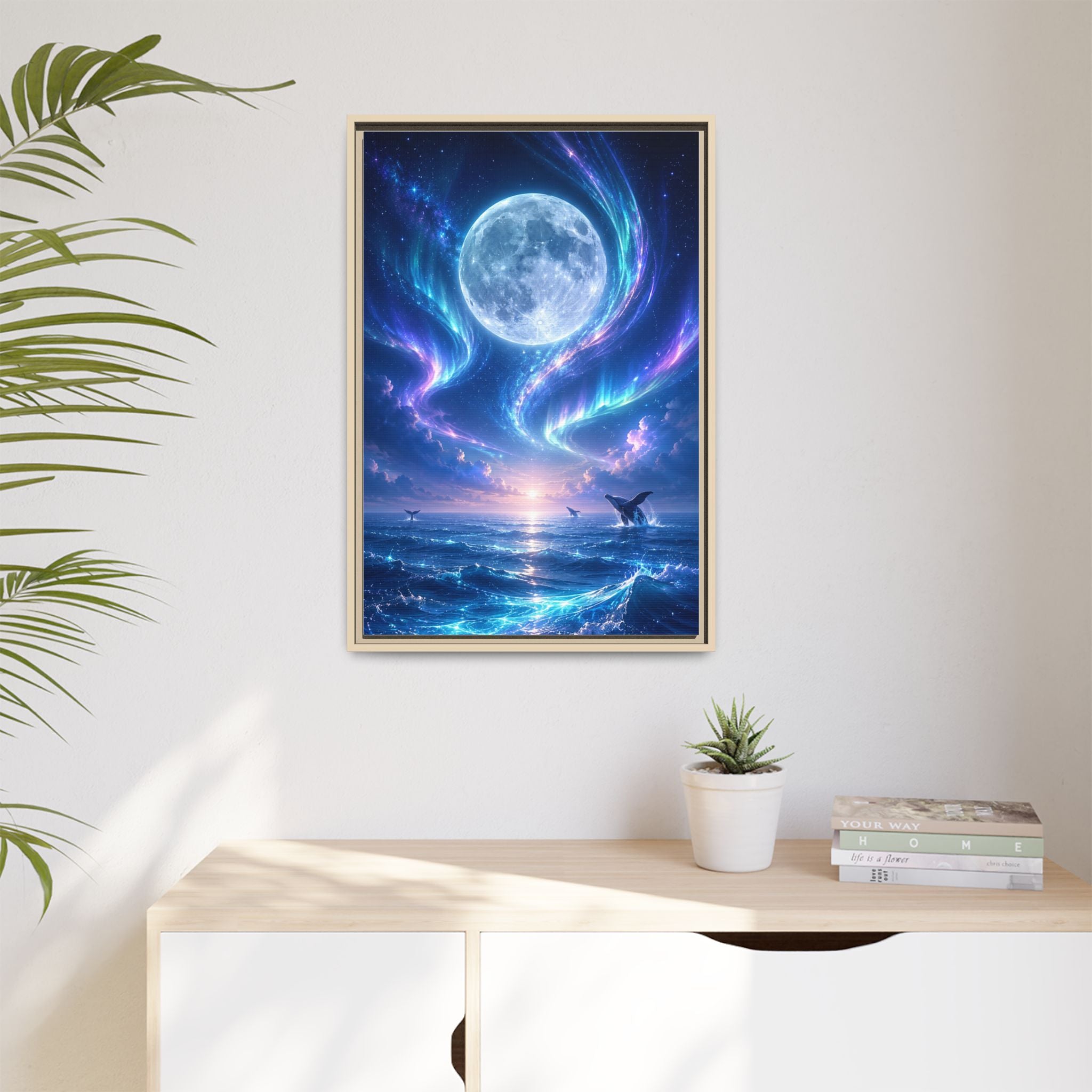 Framed Canvas Art - Lunar Aurora Ocean Scene
