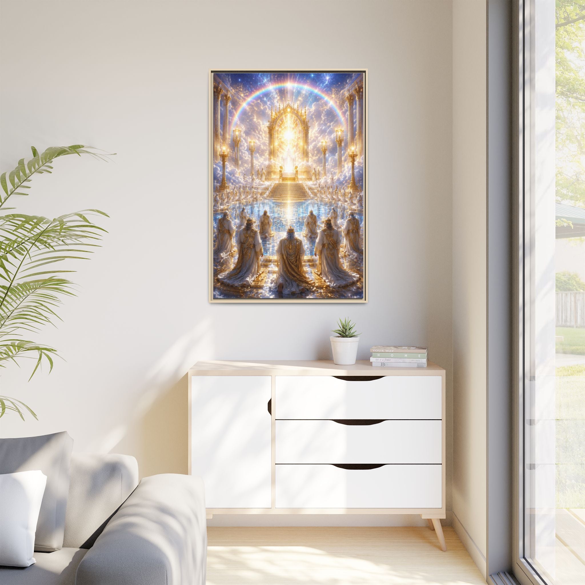 Heavenly Throne Room Matte Framed Canvas — Golden Angelic Realm Wall Art
