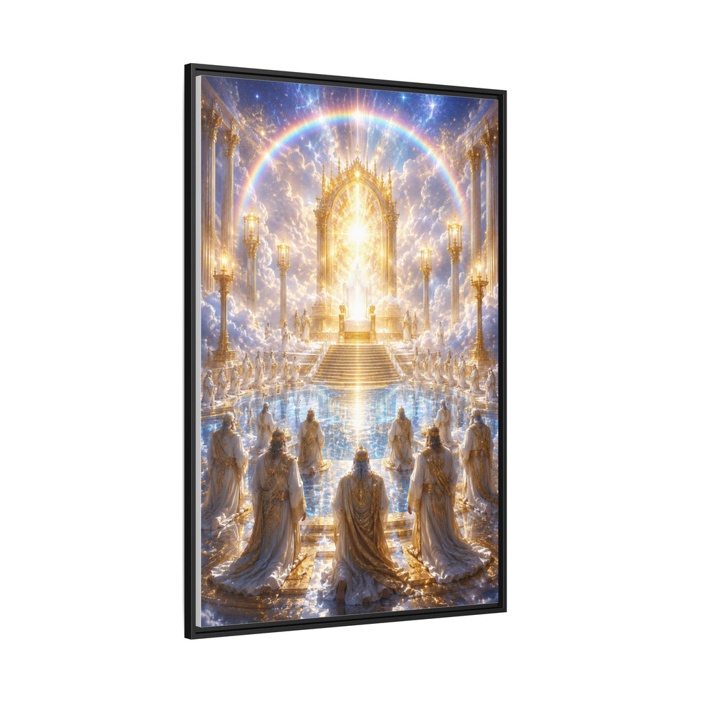 Heavenly Throne Room Matte Framed Canvas — Golden Angelic Realm Wall Art