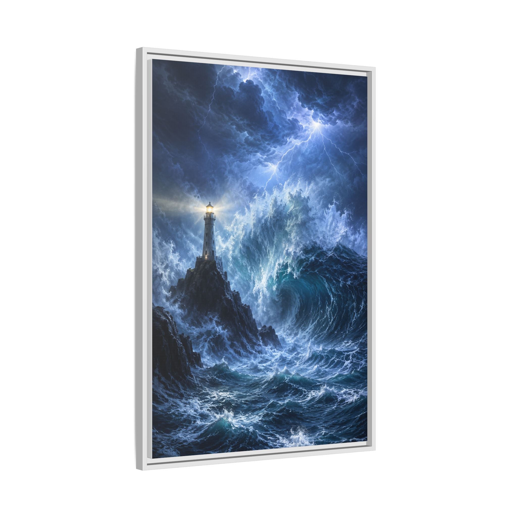 Framed Matte Canvas – Stormy Lighthouse Ocean Print