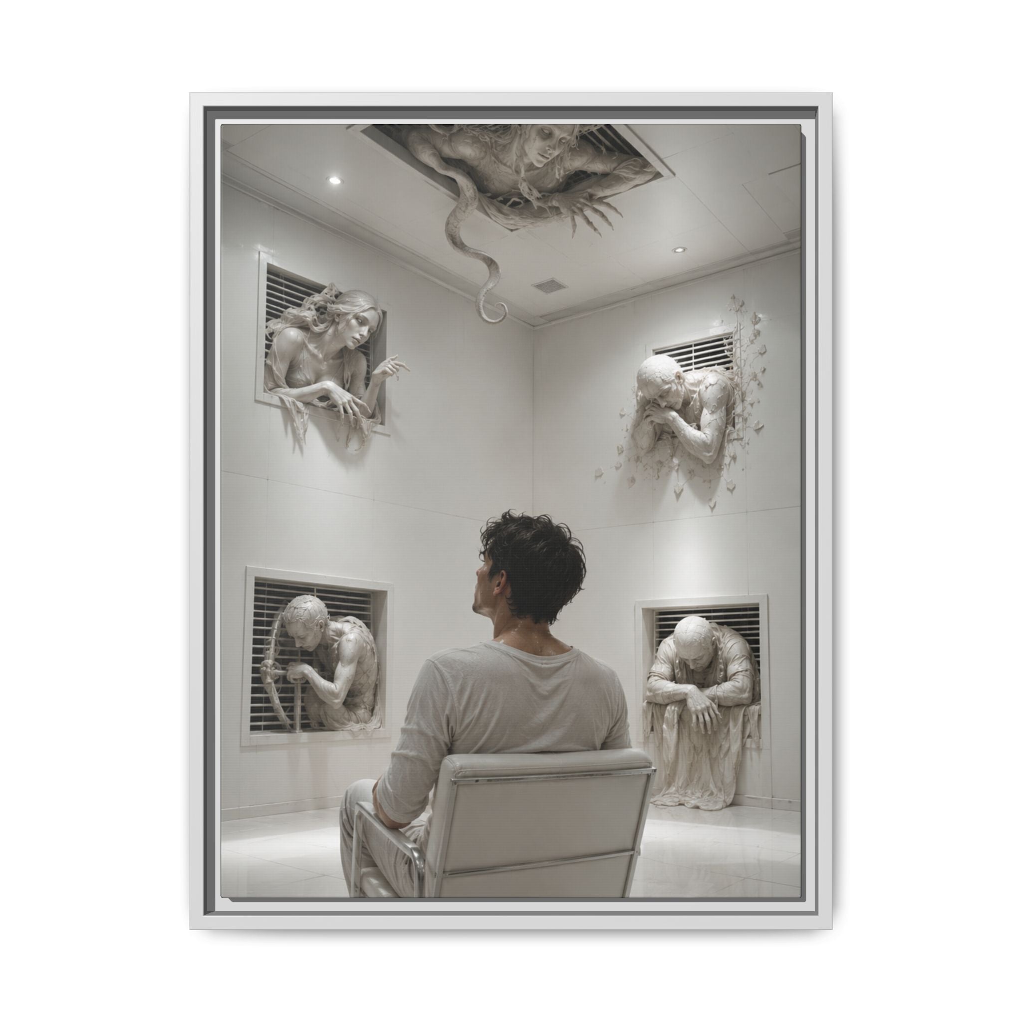 Surreal Wall Art Print — Man in Gallery with Sculpted Figures, Fine Art Paper Print
