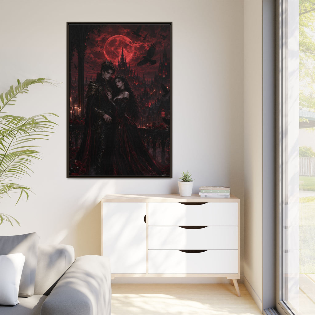 Vampire Lovers Matte Framed Canvas — Gothic Red Moon Wall Art