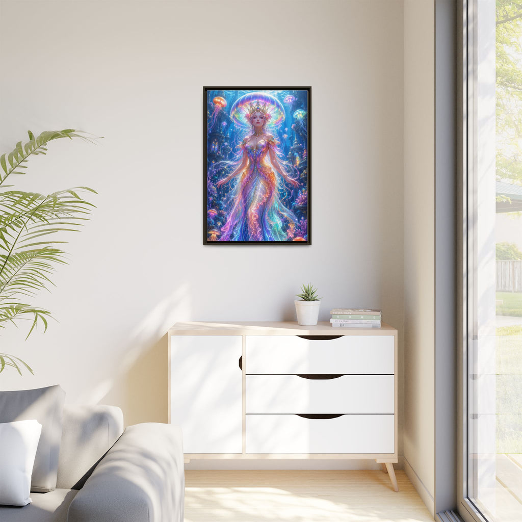 Jellyfish Queen Framed Canvas Art — Vibrant Mermaid Goddess Wall Print