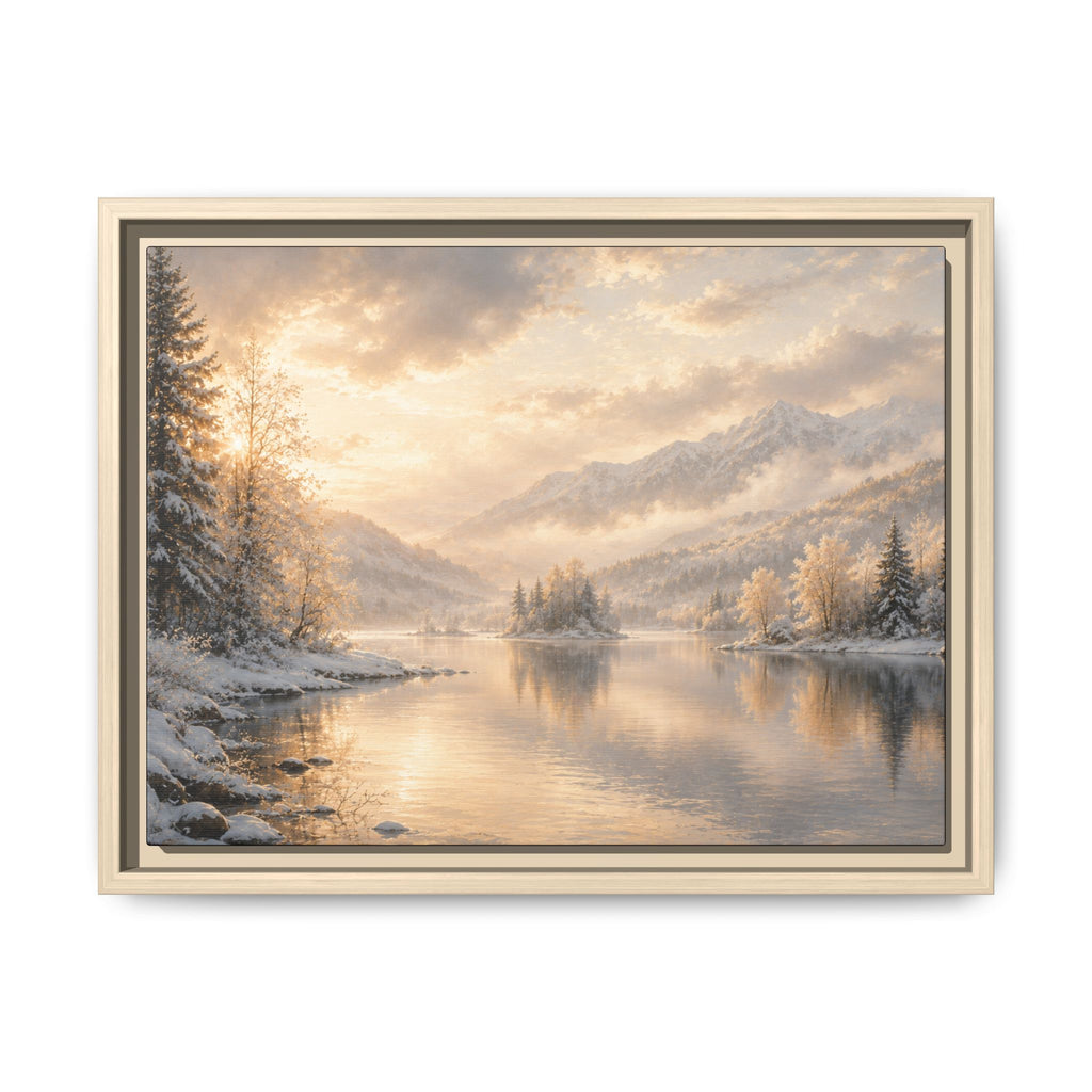 Framed Framed Canvas Print — Serene Golden Mountain Lake Landscape