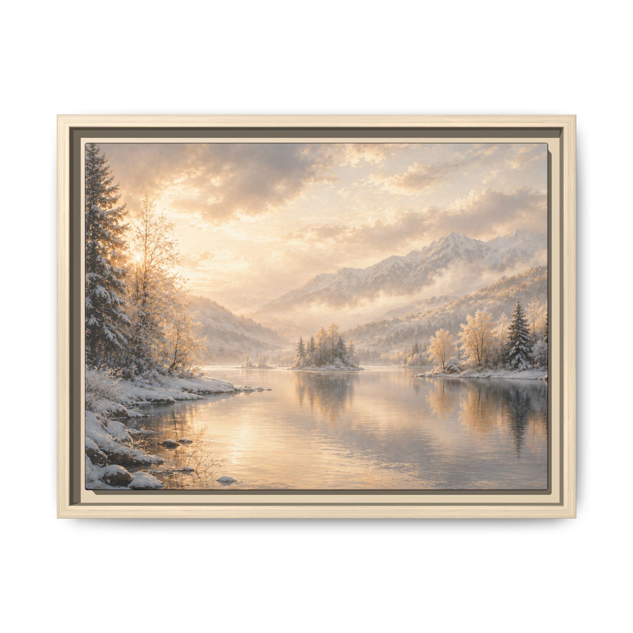 Framed Framed Canvas Print — Serene Golden Mountain Lake Landscape