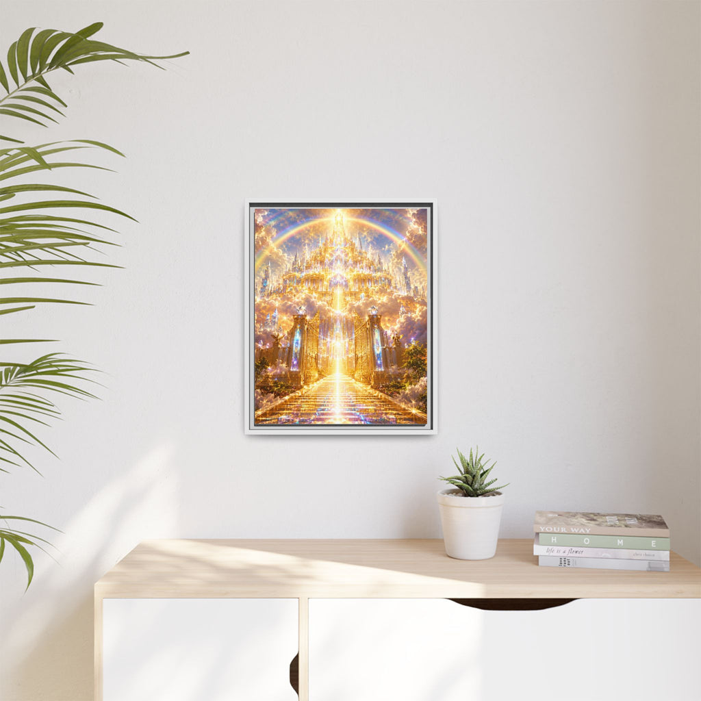 Heavenly Gateway Matte Framed Canvas — Golden Rainbow Spiritual Wall Art