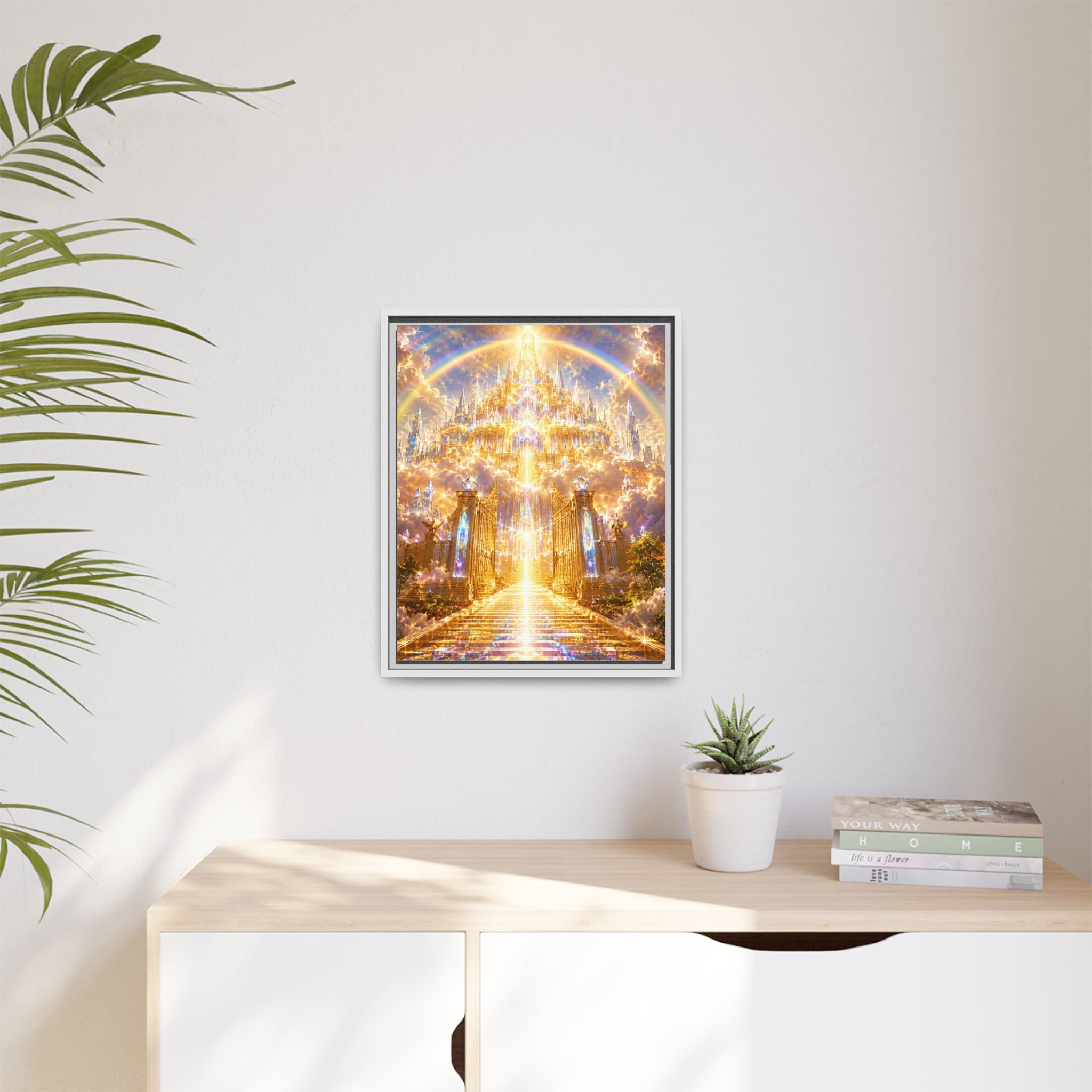 Heavenly Gateway Matte Framed Canvas — Golden Rainbow Spiritual Wall Art