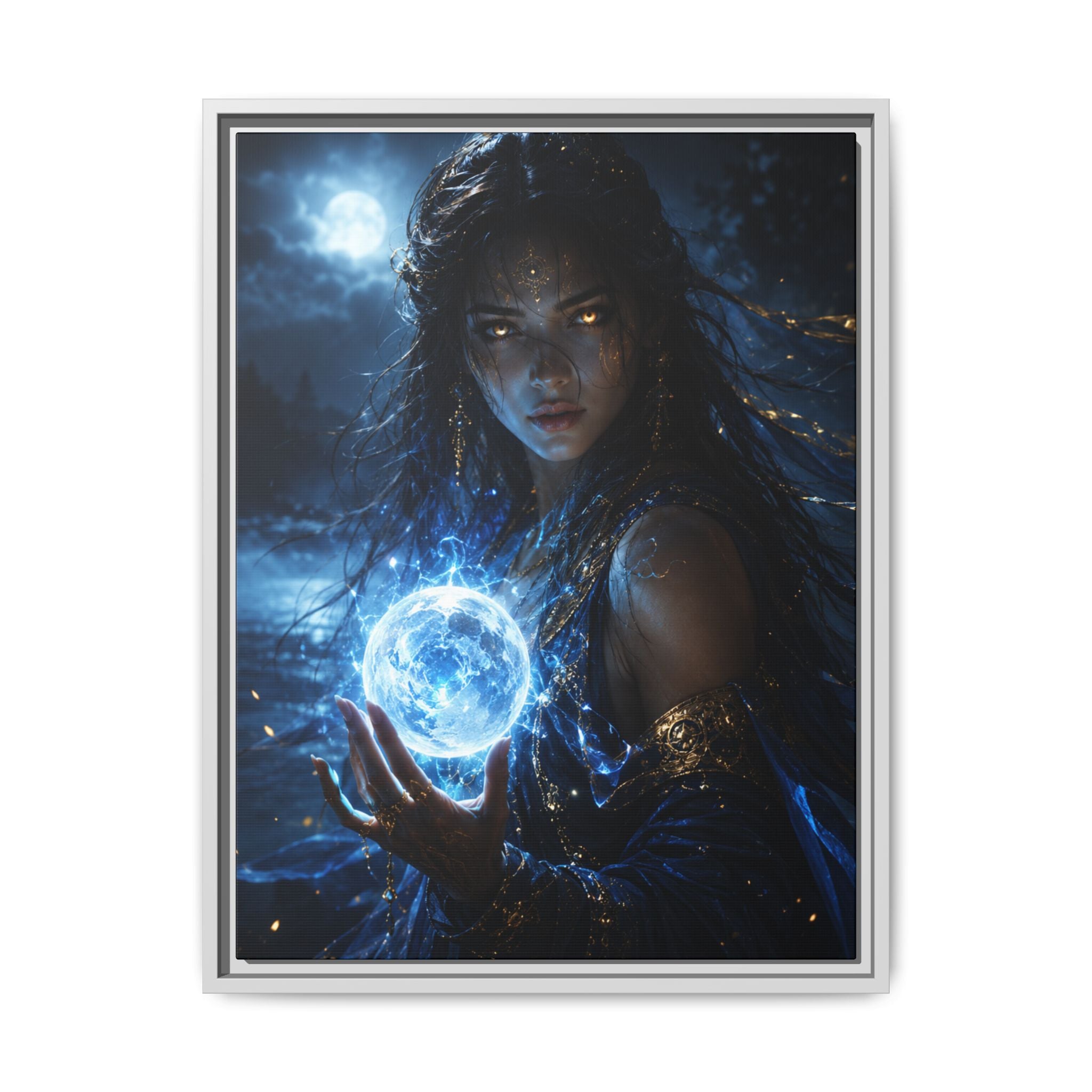 Fantasy Fine Art Paper Print — Moon Sorceress Holding Glowing Orb Fine Art Paper Print
