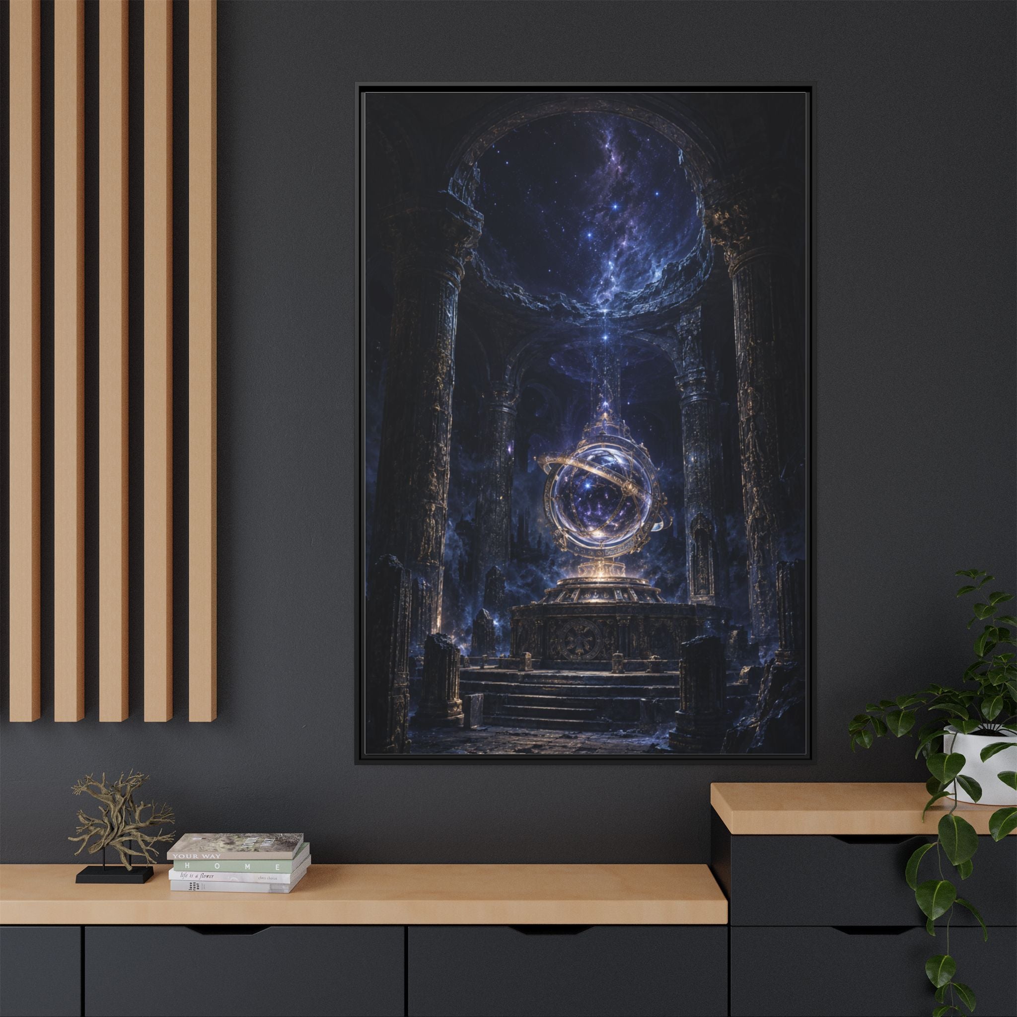 Framed Cosmic Temple Matte Canvas Art — Mystic Astral Orb Wall Decor