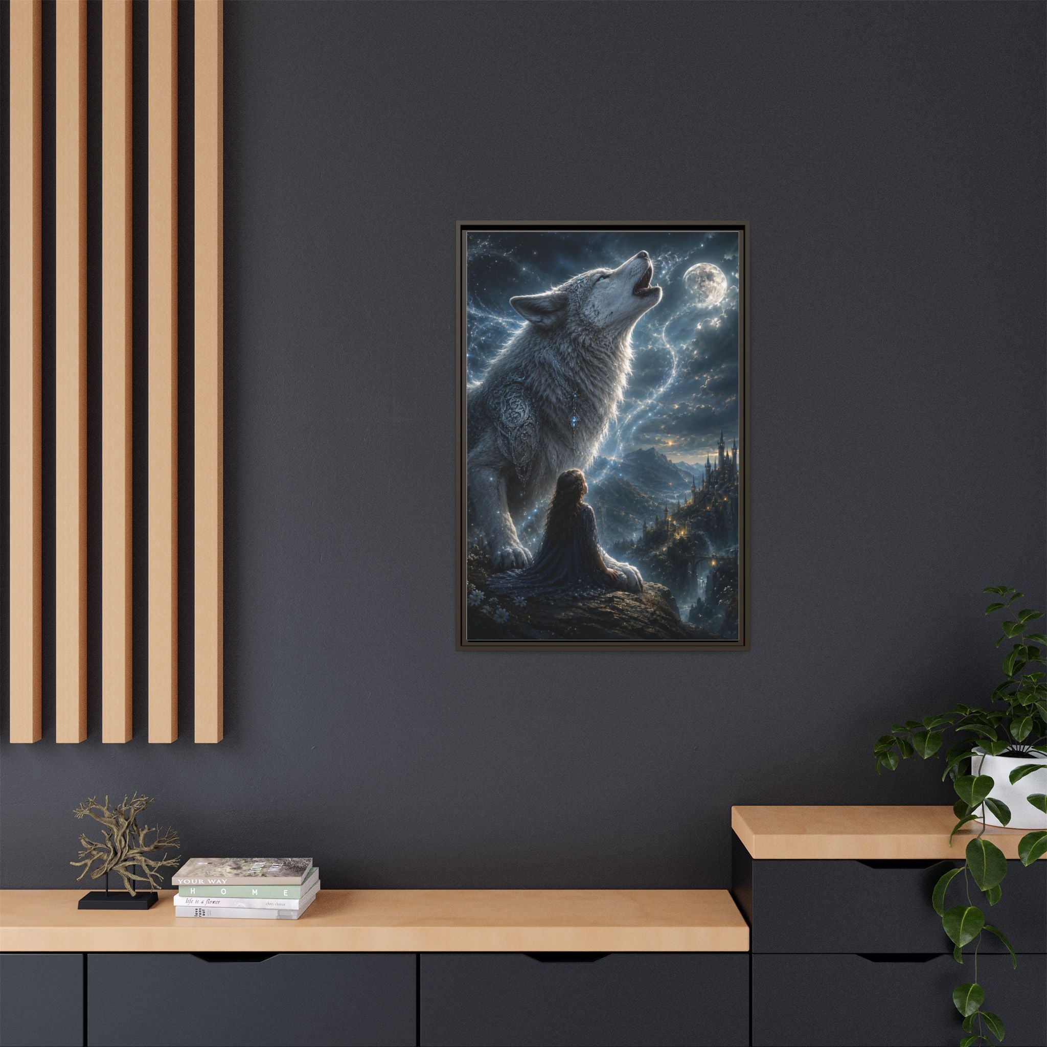 Howling Wolf Moon Matte Canvas Print — Framed Fantasy Wall Art