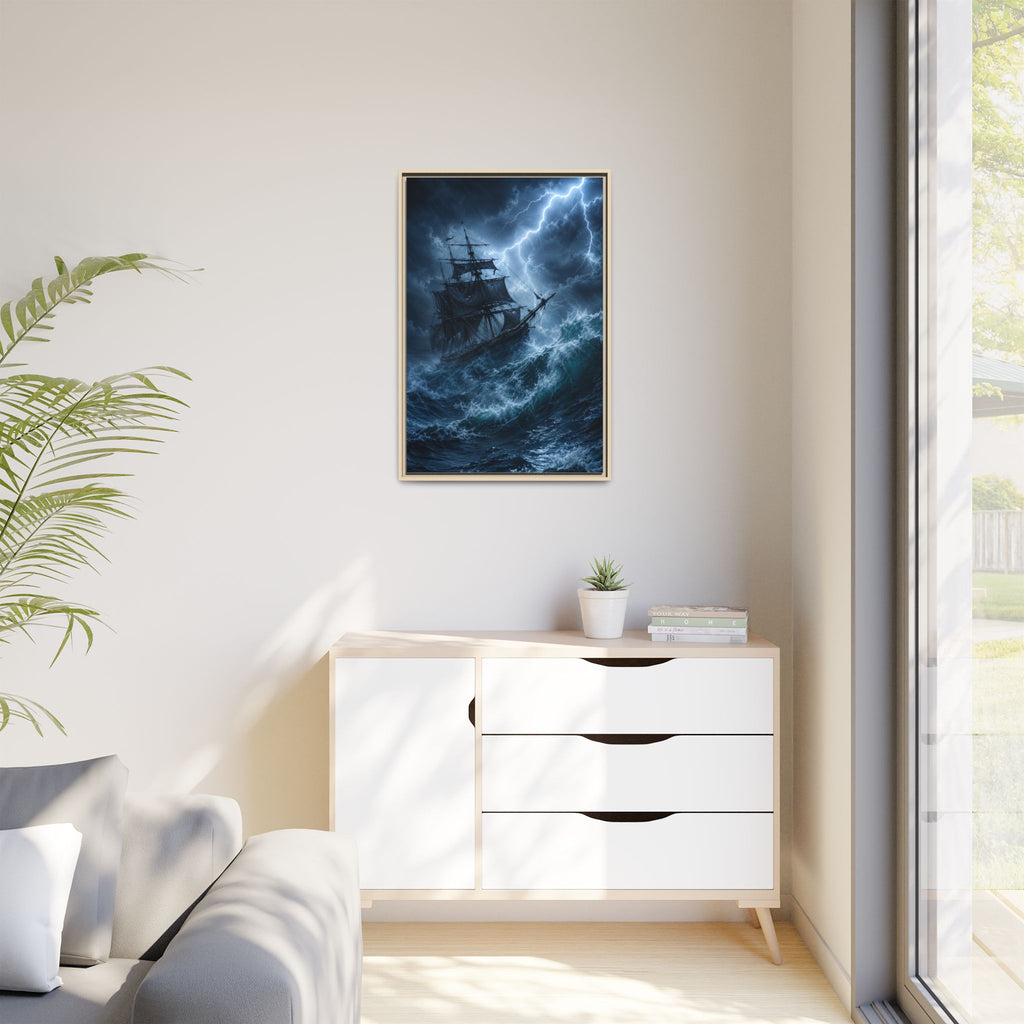 Stormy Seas Ship Painting — Framed Matte Canvas Wall Art