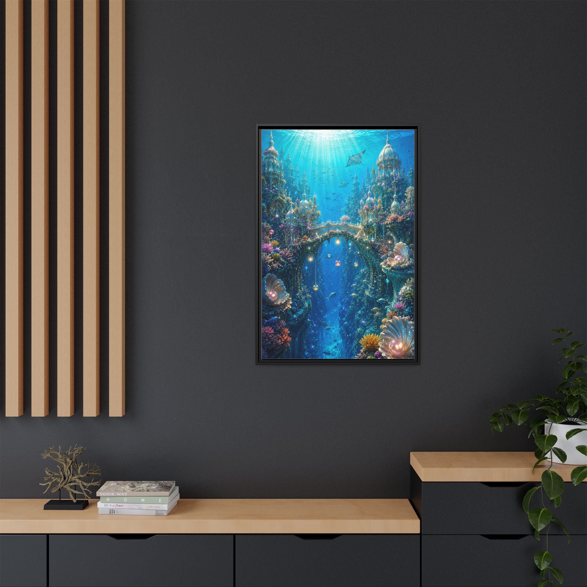 Underwater Fantasy Matte Canvas Framed Print — Ocean City Coral Reef Wall Art