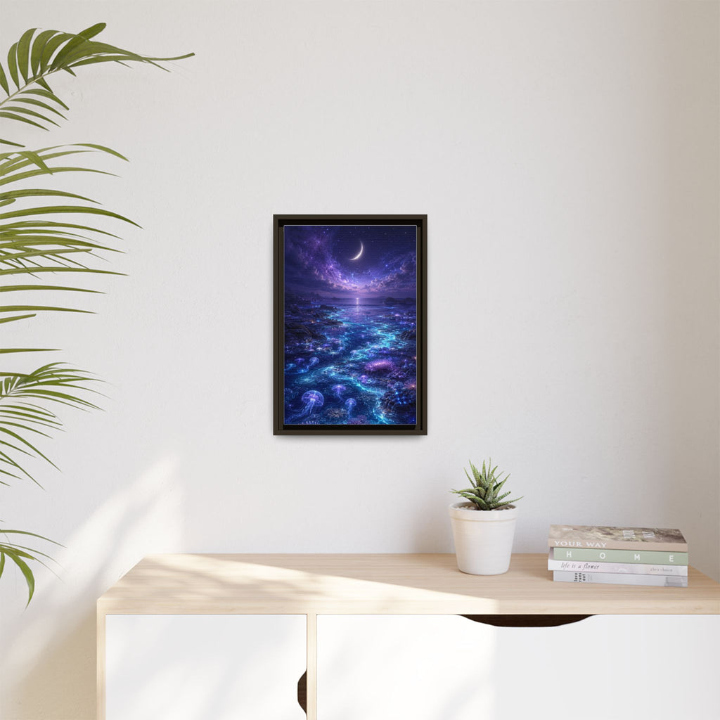 Framed Canvas Art — Bioluminescent Moonlit Ocean Scene