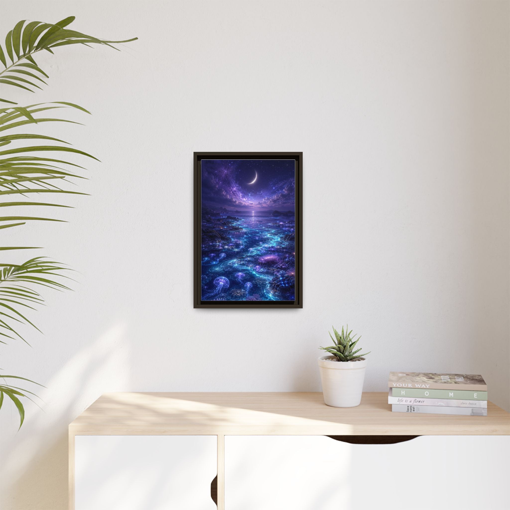 Framed Canvas Art — Bioluminescent Moonlit Ocean Scene