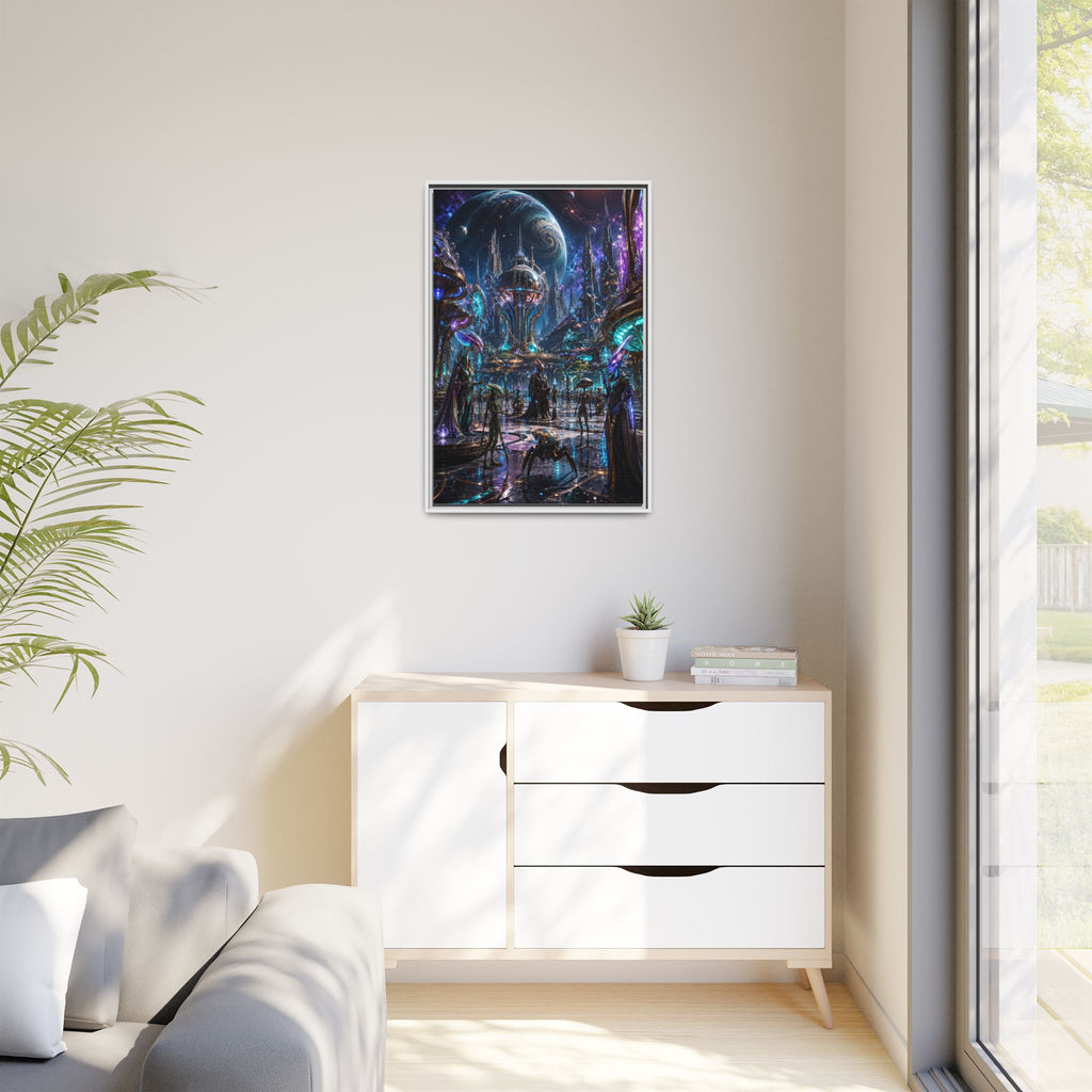 Framed Matte Canvas - Neon Sci‑Fi Cityscape Wall Art