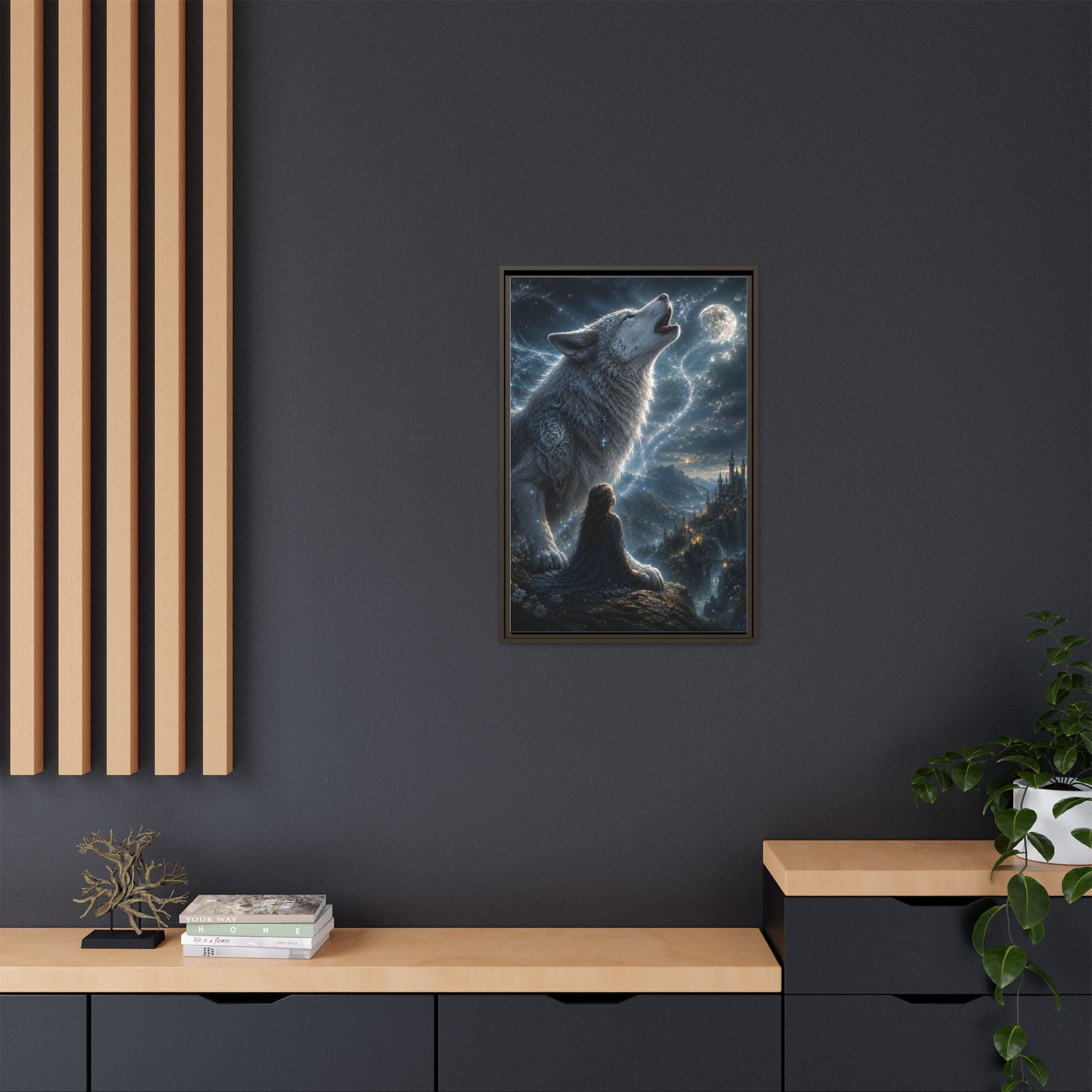Howling Wolf Moon Matte Canvas Print — Framed Fantasy Wall Art