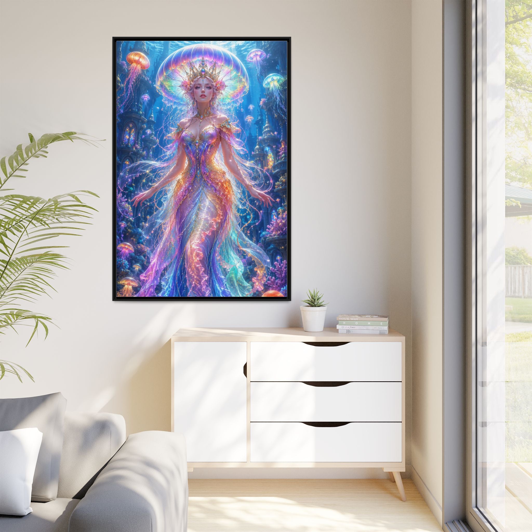 Jellyfish Queen Framed Canvas Art — Vibrant Mermaid Goddess Wall Print