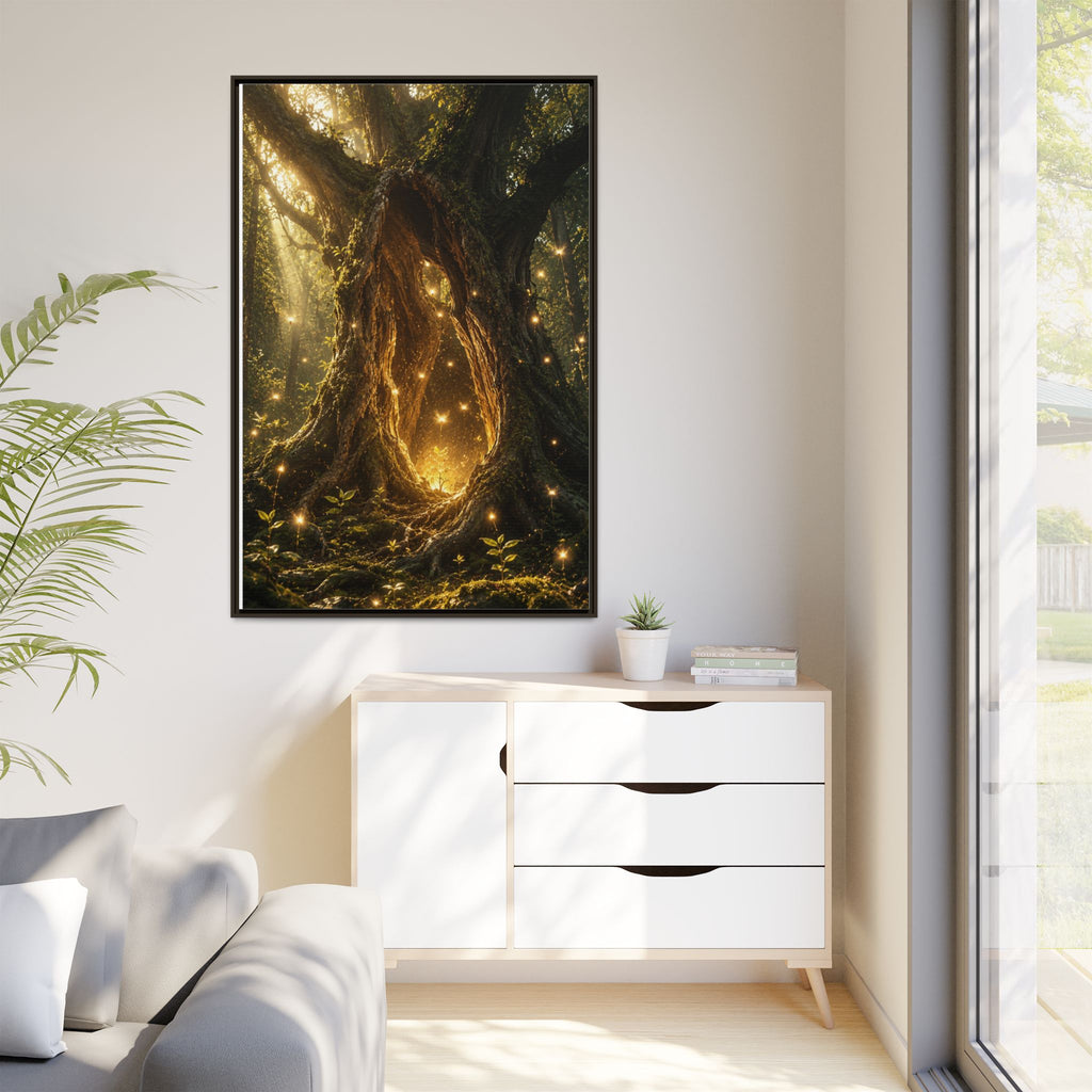 Framed Canvas Art - Enchanted Forest Tree with Glowing Fireflies
