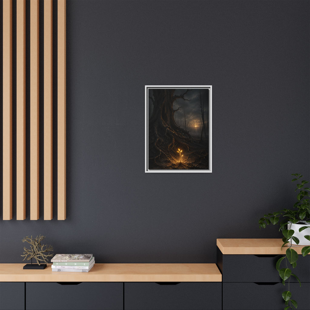 Framed Matte Canvas — Glow Sprout in Dark Forest (Ethereal Fantasy Wall Art)