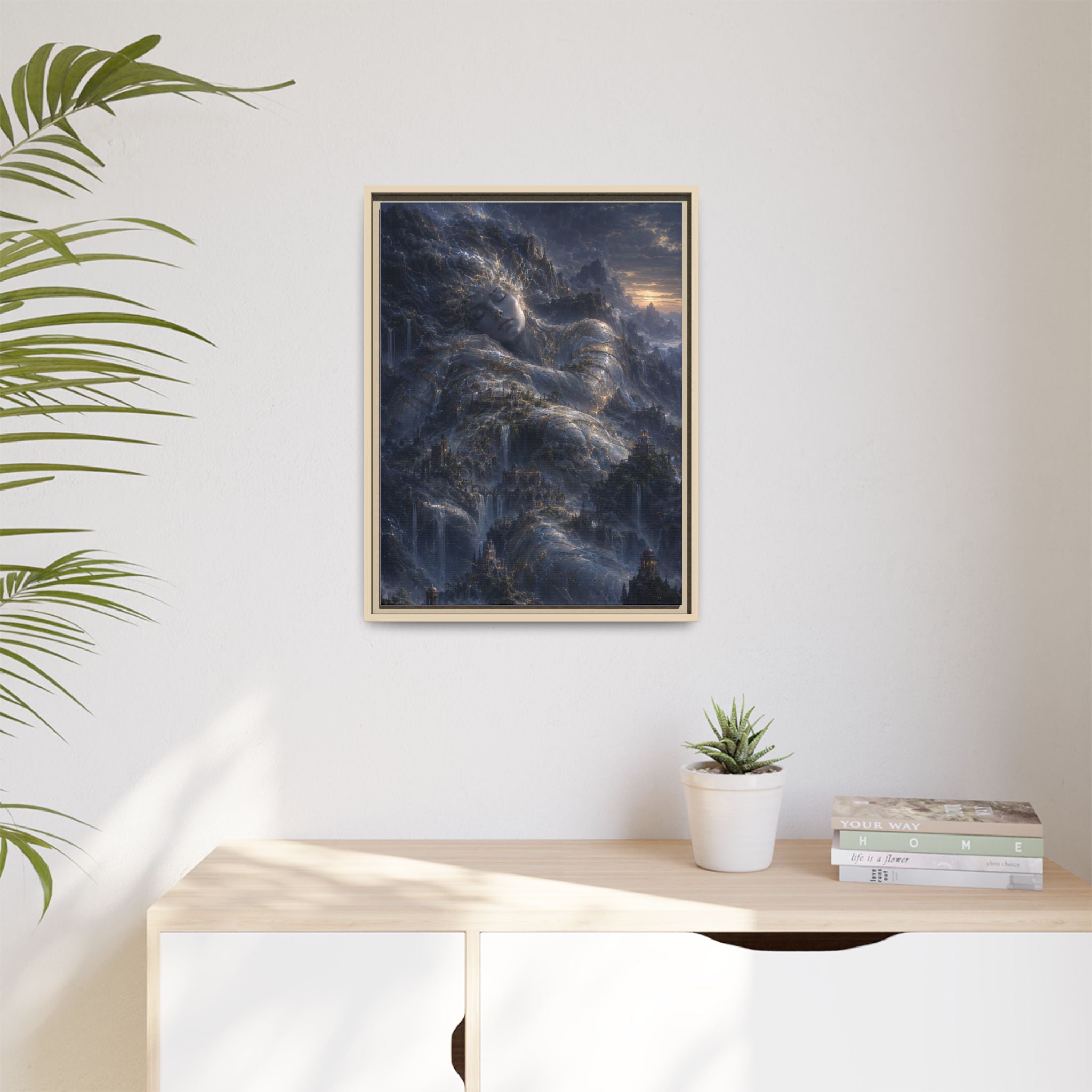 Framed Matte Canvas Wall Art — Misty Stormy Mountain Landscape