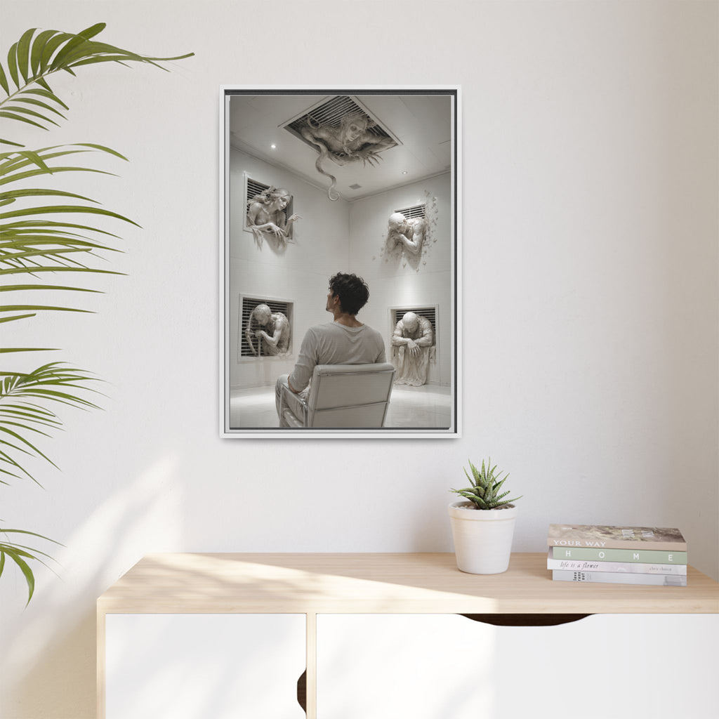 Surreal Wall Art Canvas — Man in Gallery with Sculpted Figures, Framed Matte Print
