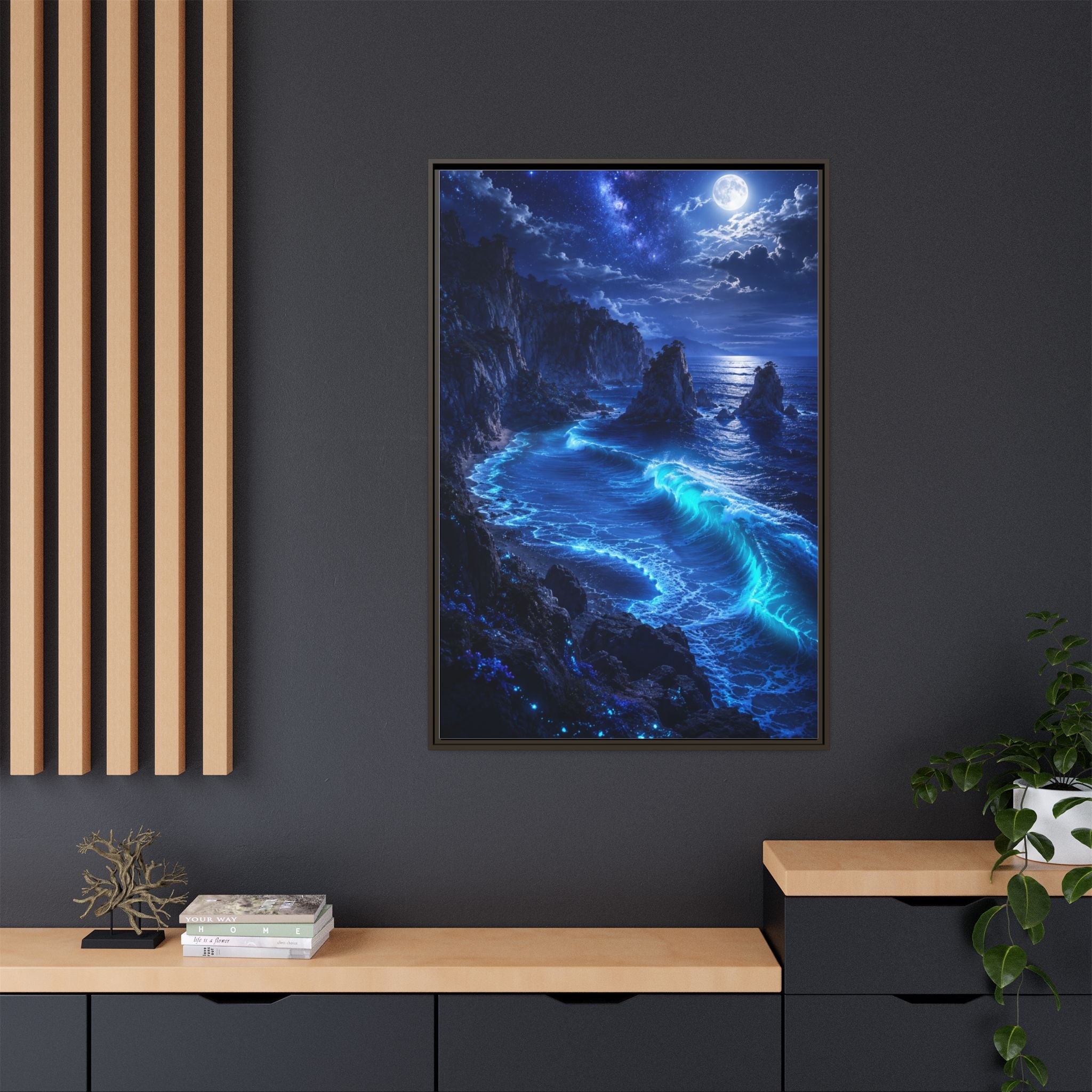 Framed Matte Canvas: Luminous Moonlit Ocean Art Print