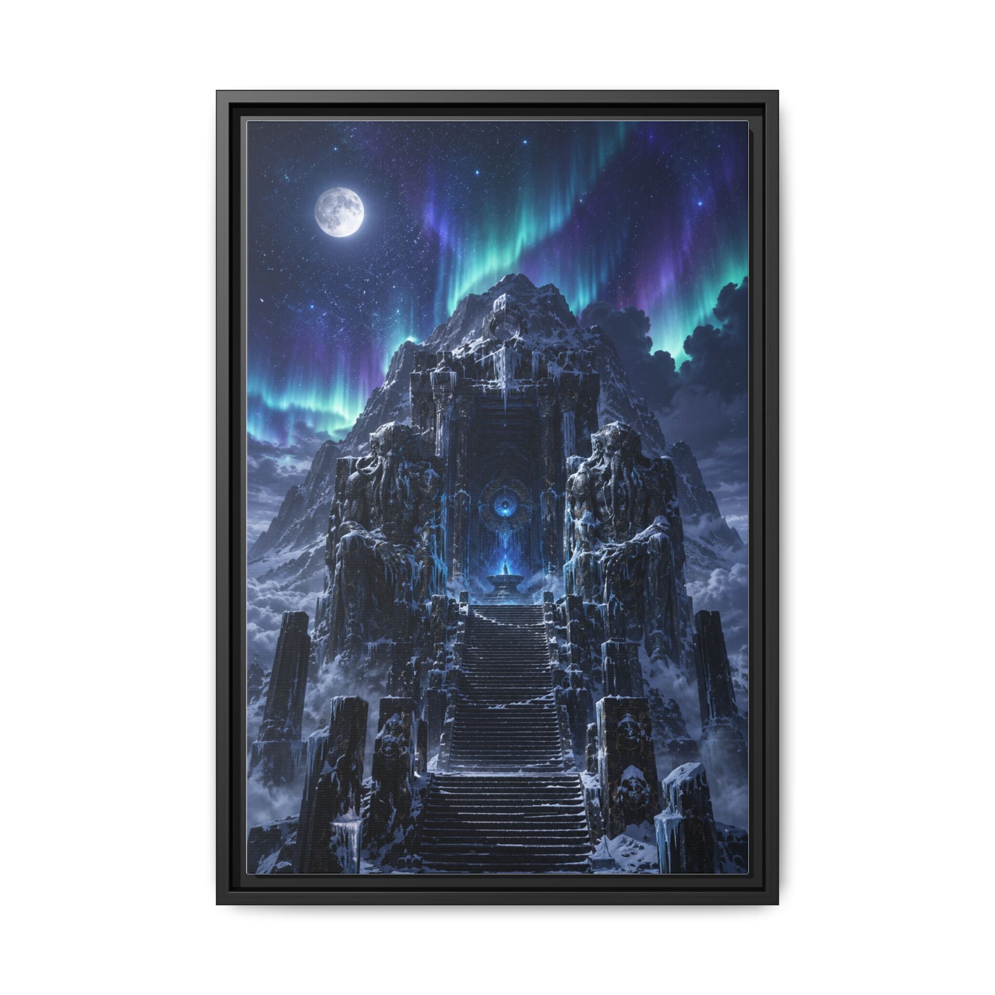 Aurora Mountain Fortress Matte Canvas Print (Framed) — Fantasy Nightscape Wall Art