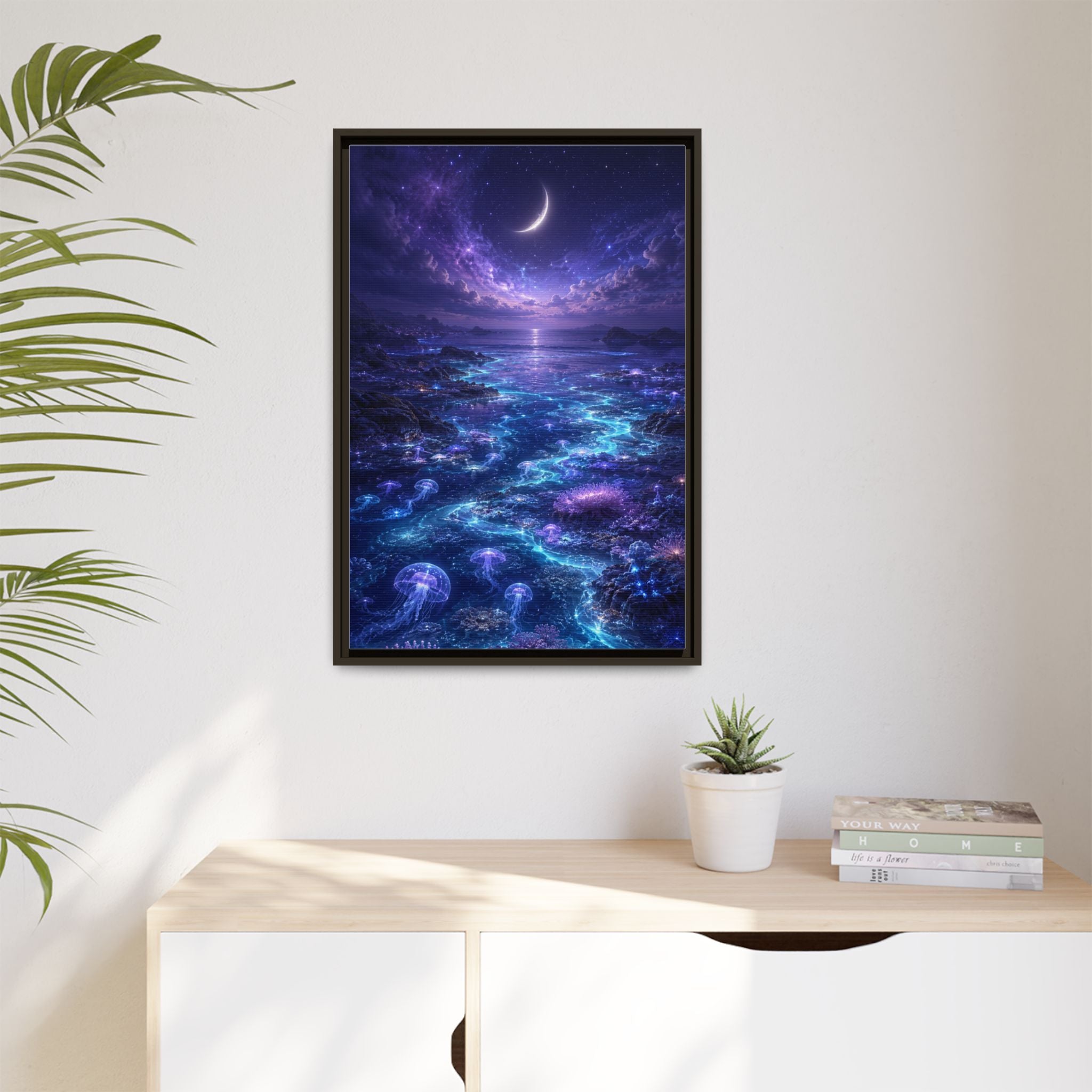 Framed Canvas Art — Bioluminescent Moonlit Ocean Scene