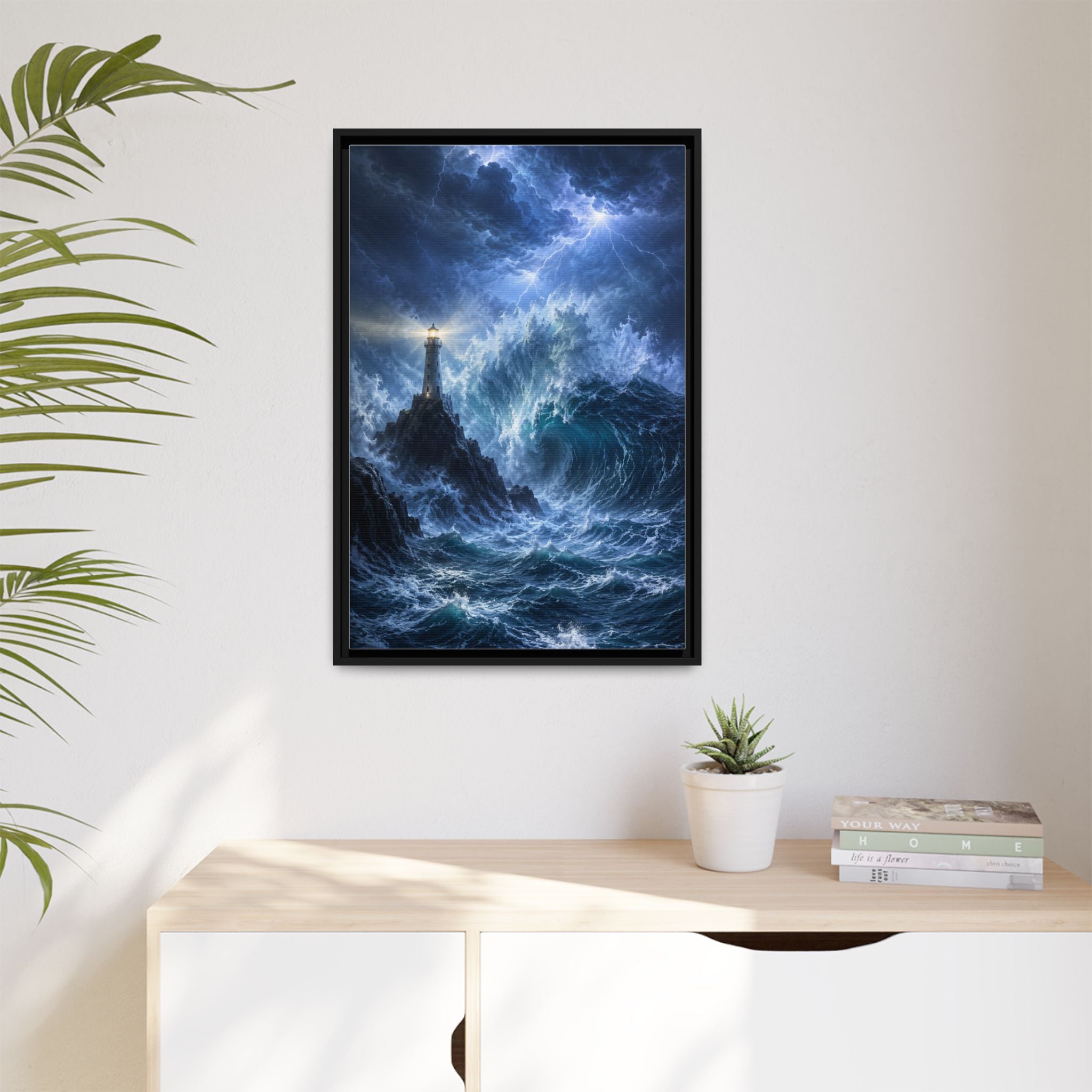 Framed Matte Canvas – Stormy Lighthouse Ocean Print