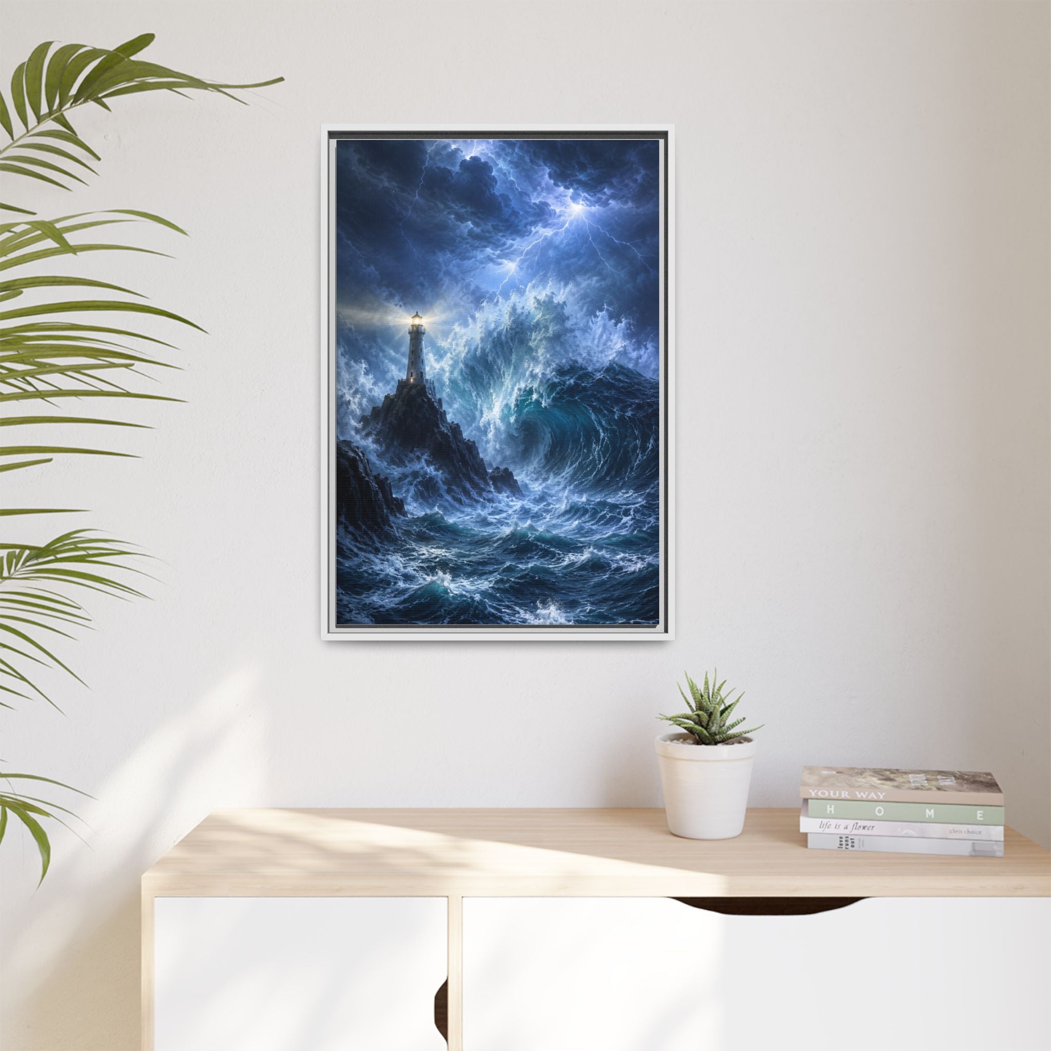 Framed Matte Canvas – Stormy Lighthouse Ocean Print