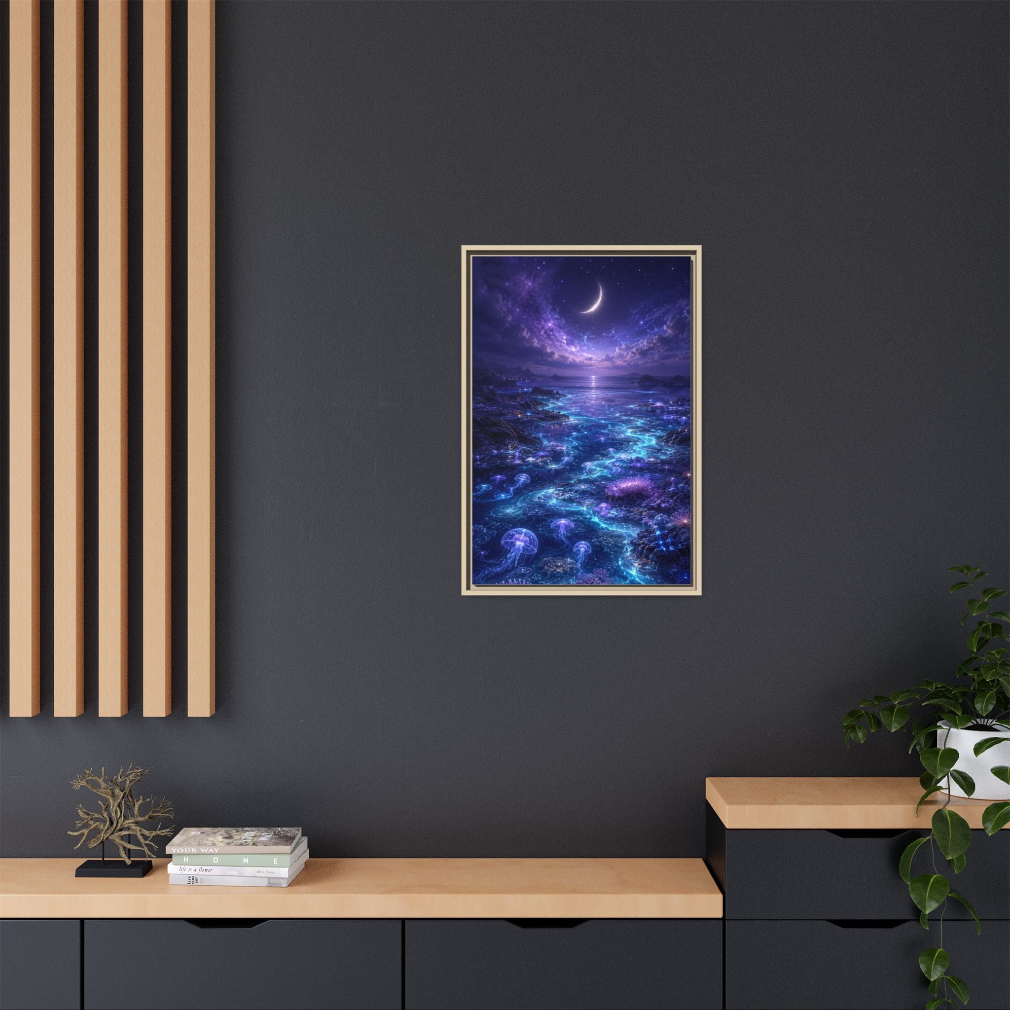 Framed Canvas Art — Bioluminescent Moonlit Ocean Scene