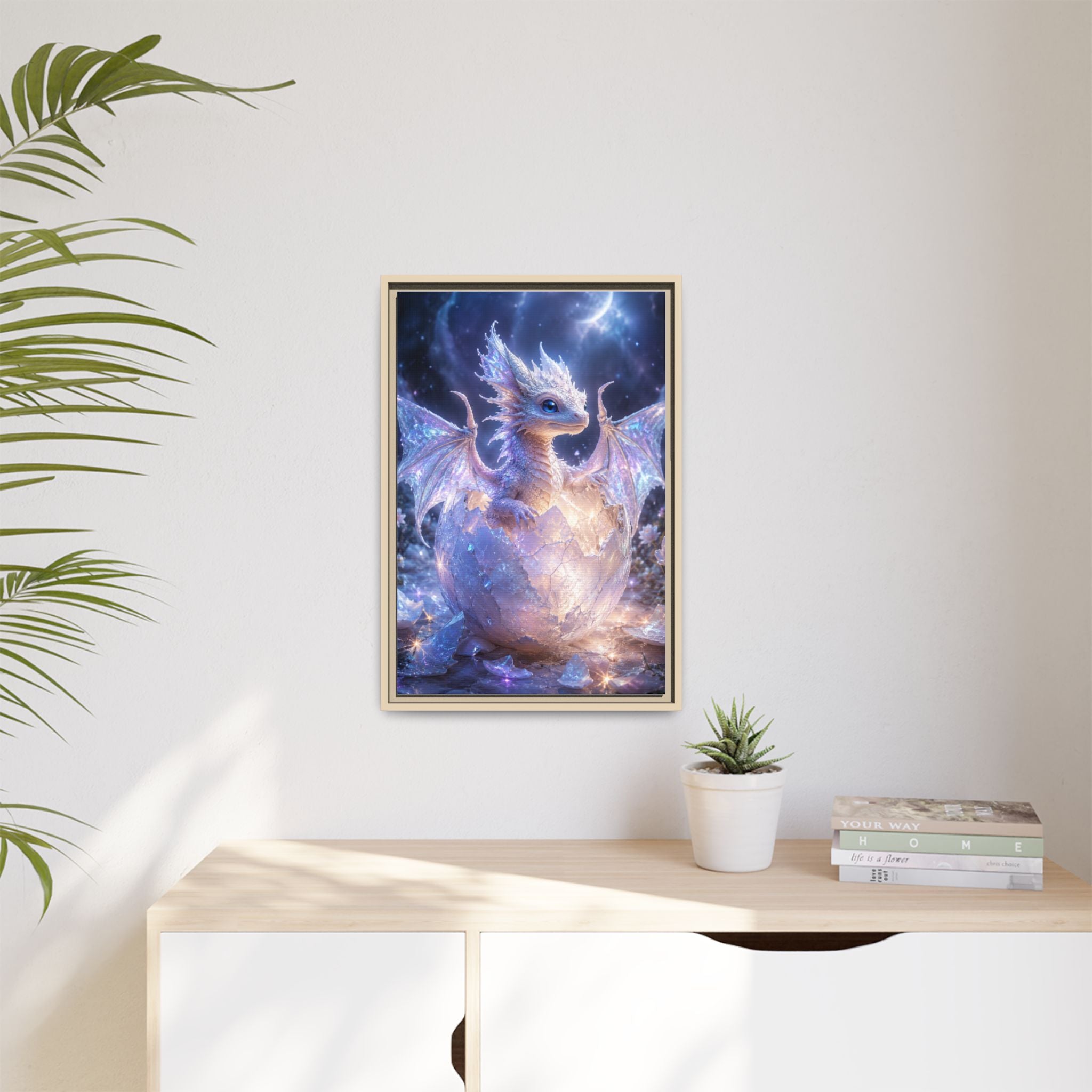 Framed Fantasy Dragon Canvas Print — Mystical Baby Dragon in Cracked Egg Wall Art
