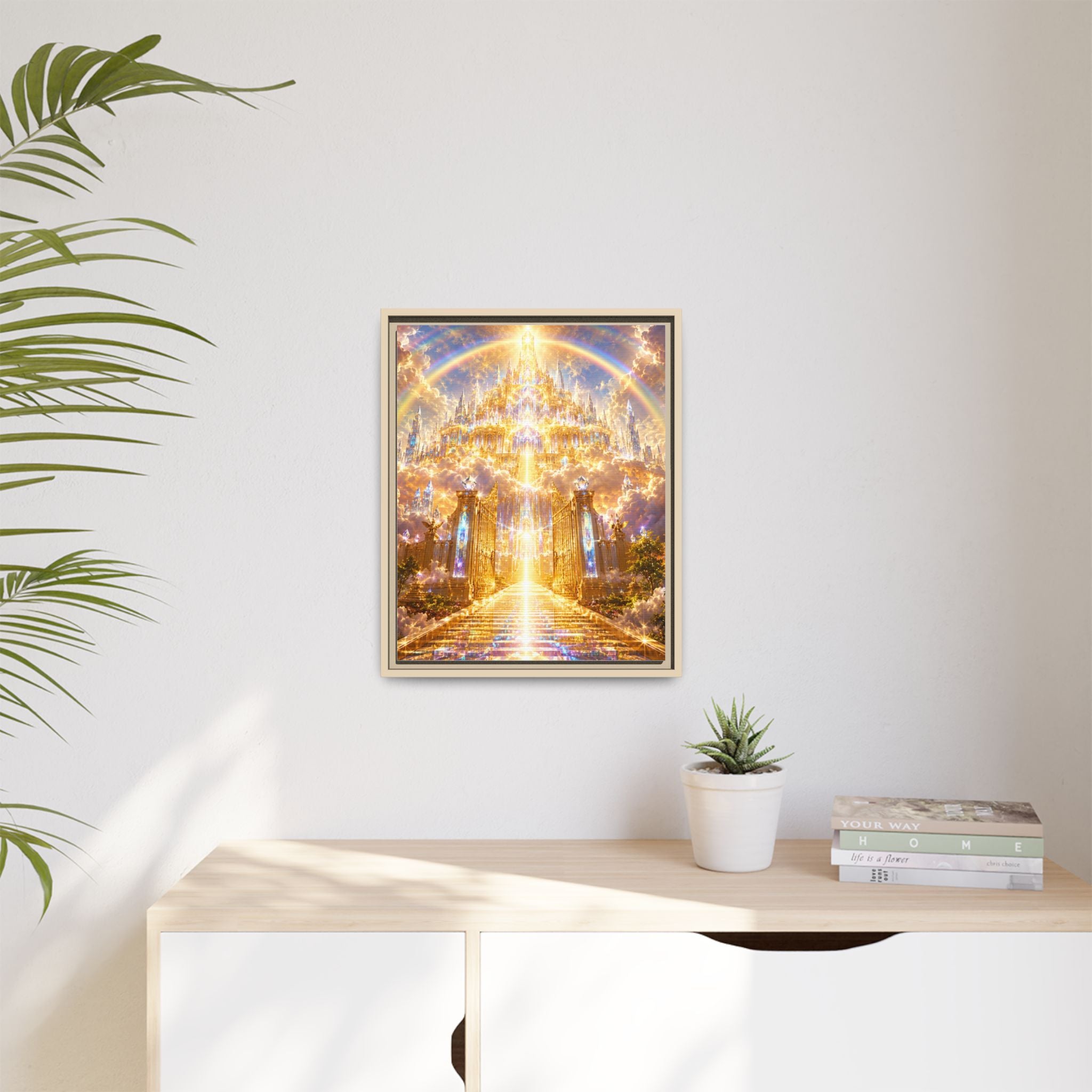 Heavenly Gateway Matte Framed Canvas — Golden Rainbow Spiritual Wall Art