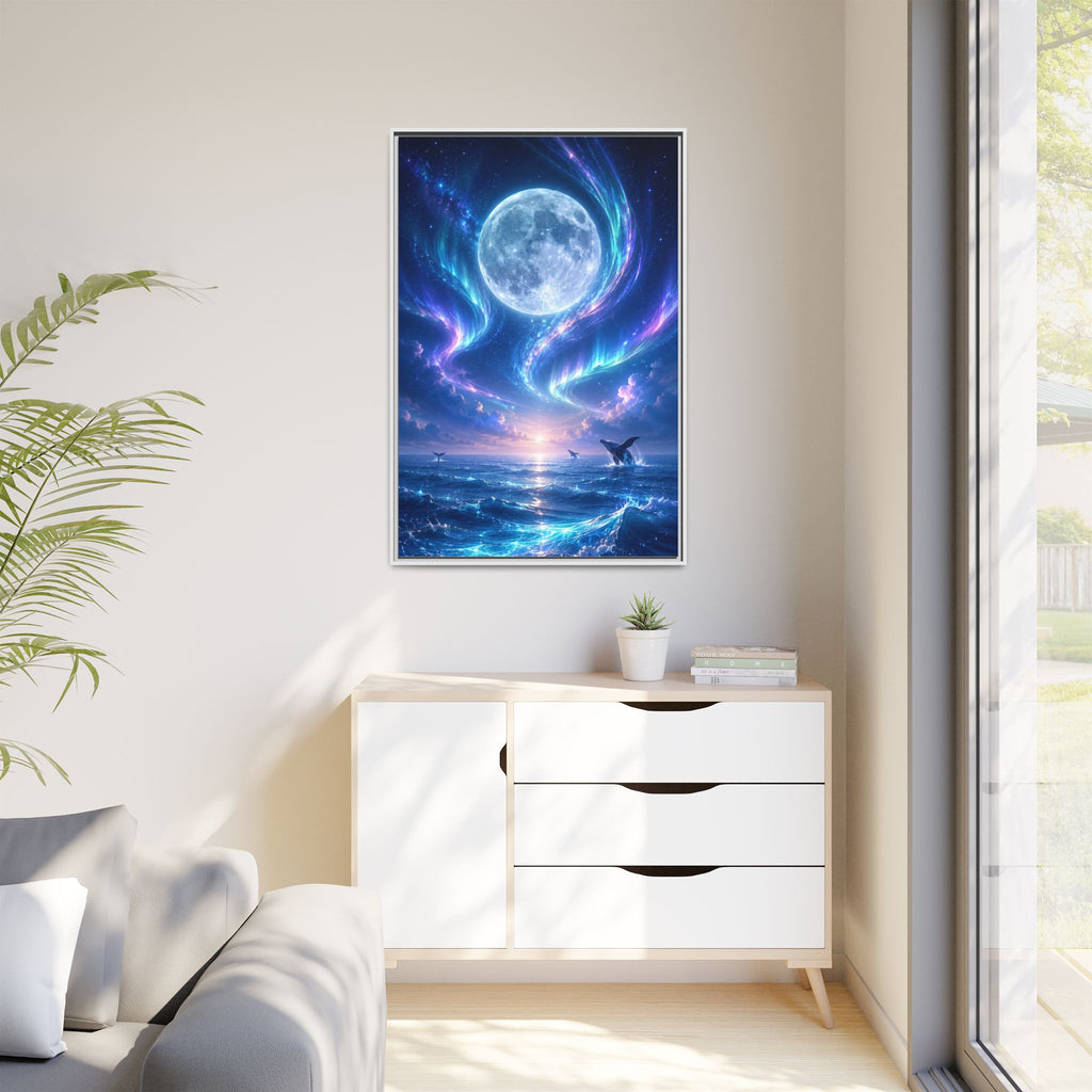 Framed Canvas Art - Lunar Aurora Ocean Scene