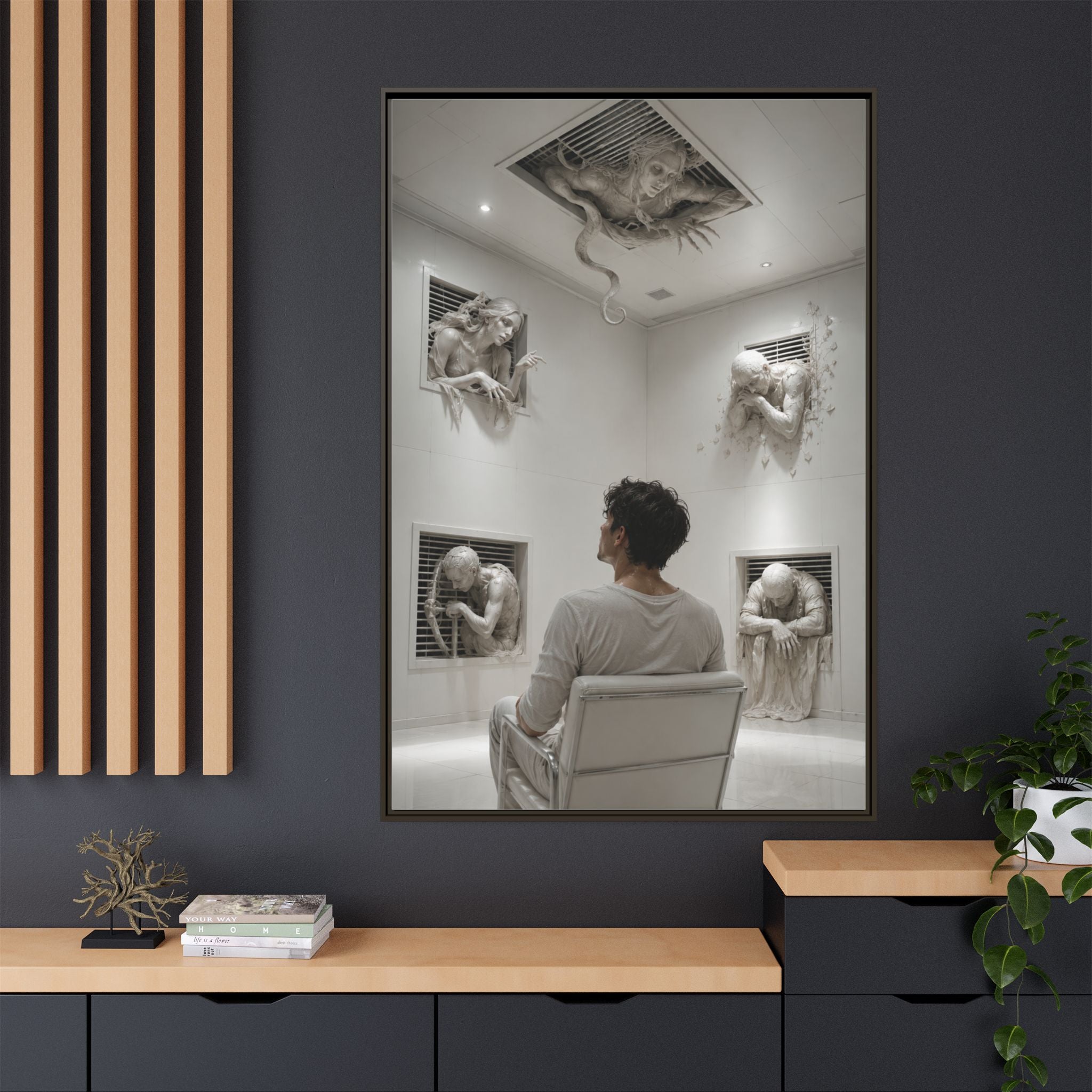 Surreal Wall Art Canvas — Man in Gallery with Sculpted Figures, Framed Matte Print