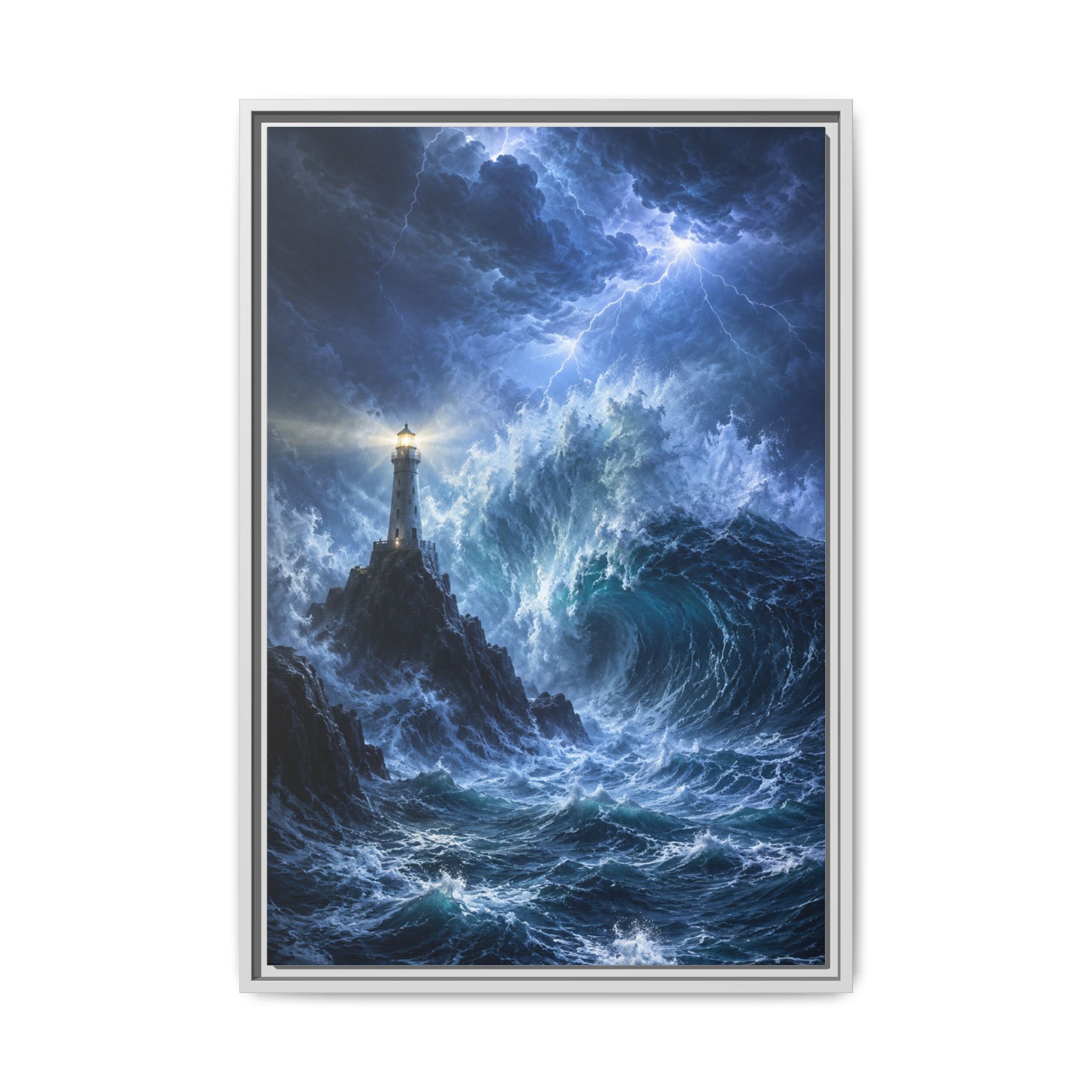 Framed Matte Canvas – Stormy Lighthouse Ocean Print